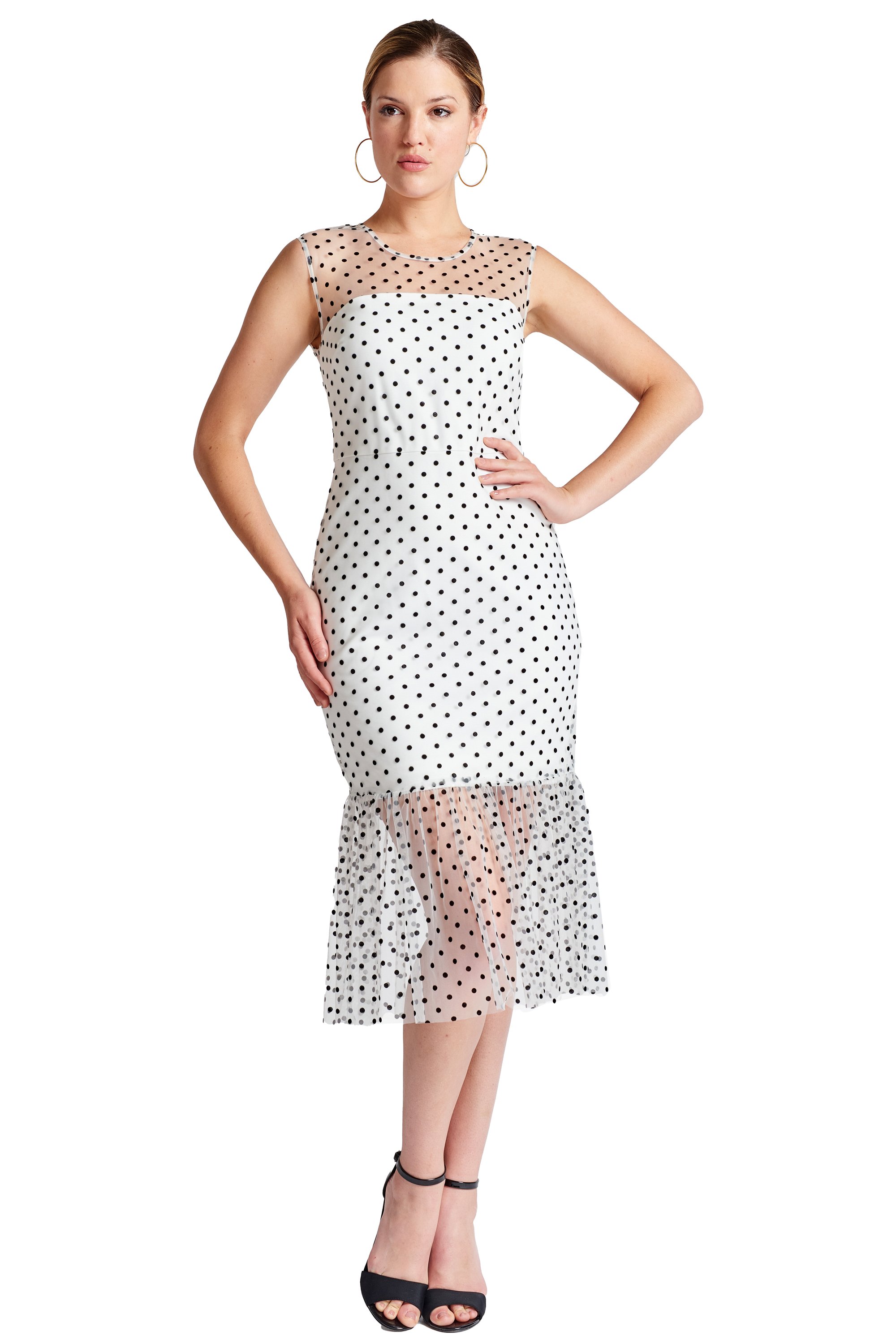 Muse Dress featuring a sleeveless design with elegant polka dot mesh detail, perfect for summer parties.