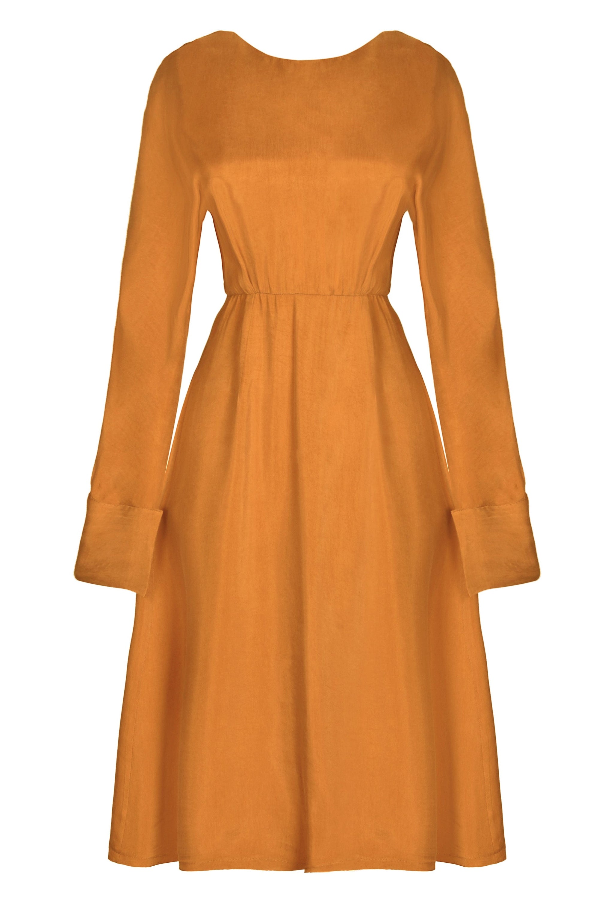 A stylish mustard long sleeve midi dress featuring bespoke gold buttons and a cinched waist, perfect for various occasions.