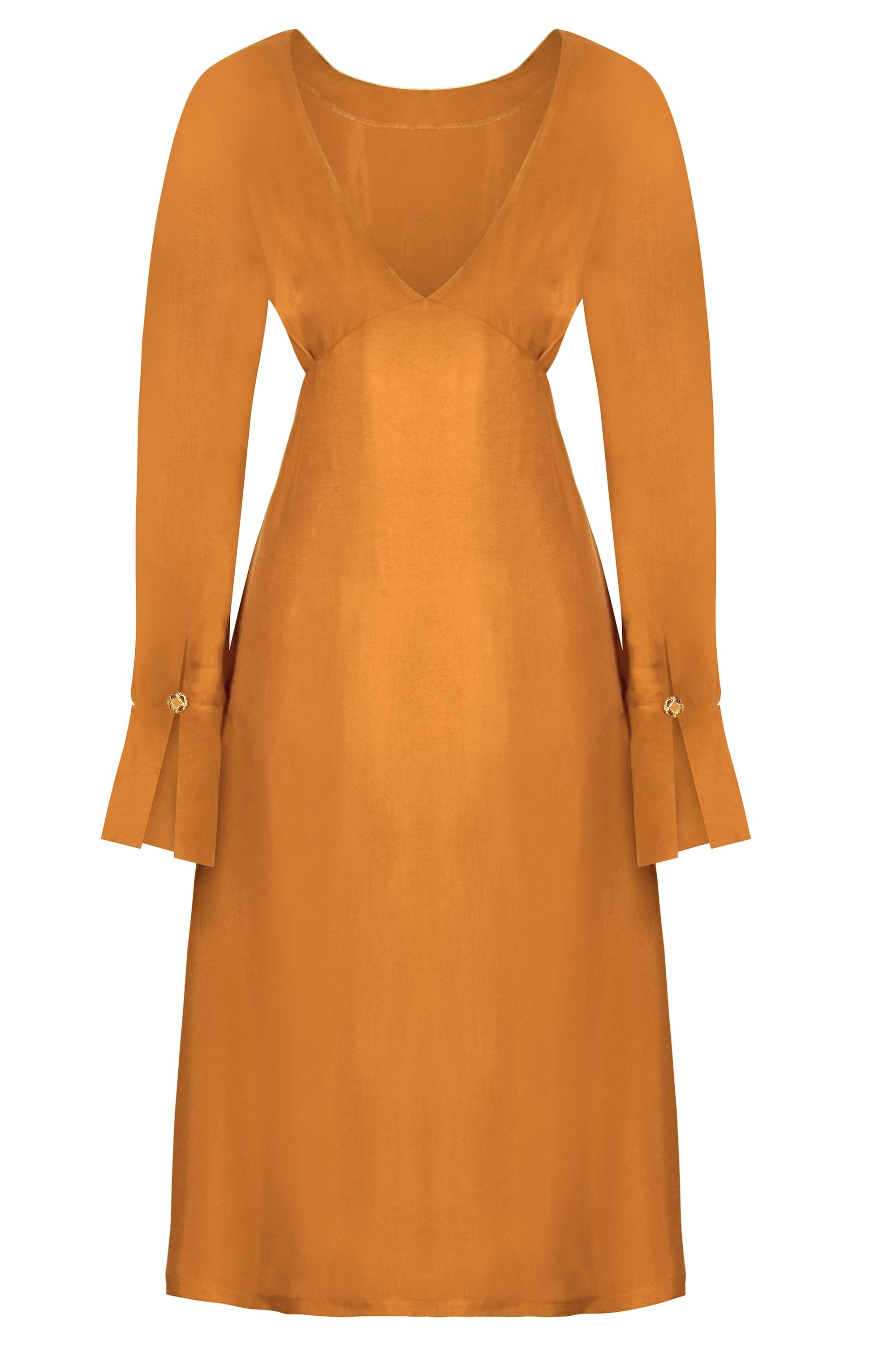 A stylish mustard long sleeve midi dress featuring bespoke gold buttons and a cinched waist, perfect for various occasions.