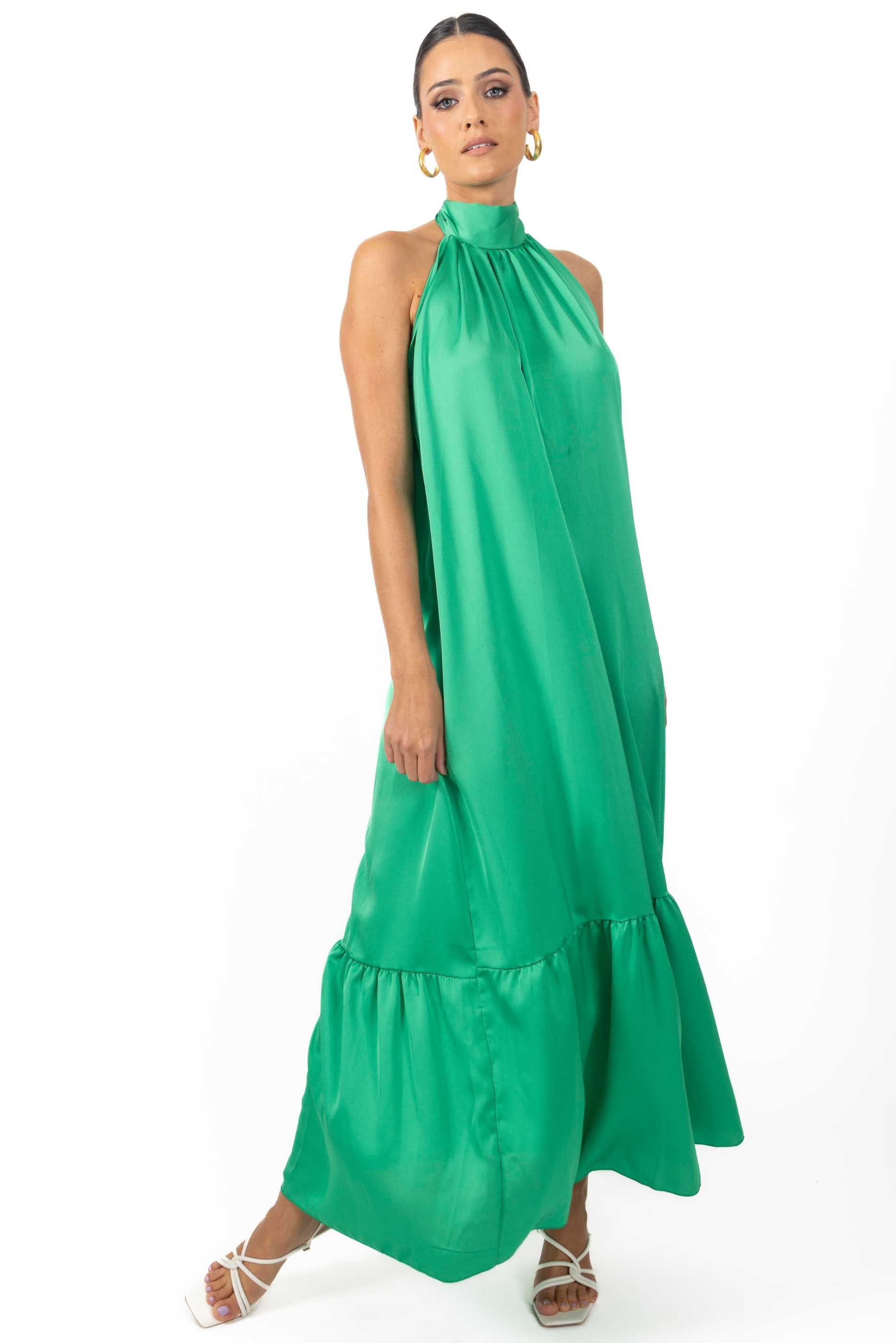 Nalory Satin Silk Backless Maxi Dress in vibrant green, showcasing a flowing silhouette and elegant backless design.