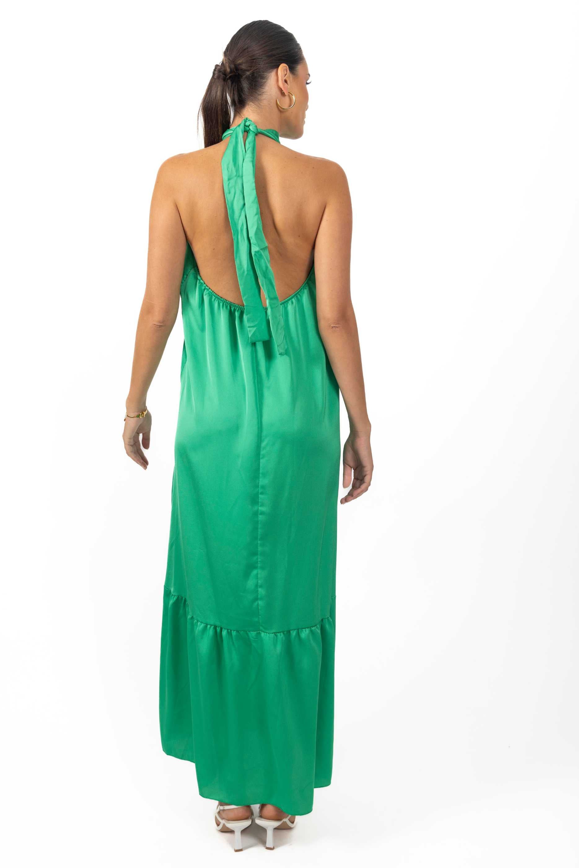 Nalory Satin Silk Backless Maxi Dress in vibrant green, showcasing a flowing silhouette and elegant backless design.