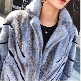 A luxurious natural mink fur coat for women, featuring a thick design, turn-down collar, and pockets, perfect for winter wear.