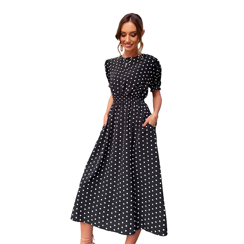 New European and American Style Midi Skirt featuring a polka dot pattern and A-line design, perfect for retro-inspired fashion.