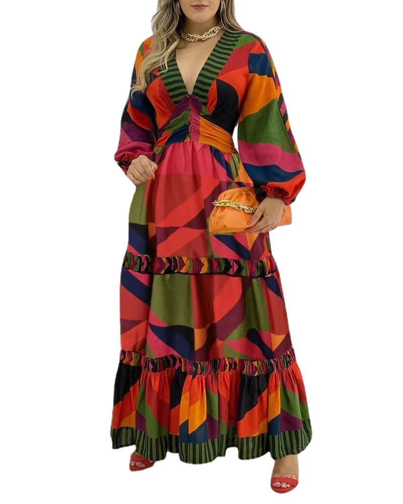 A vibrant long sleeve dress featuring a deep V-neck and colorful print, perfect for various occasions.