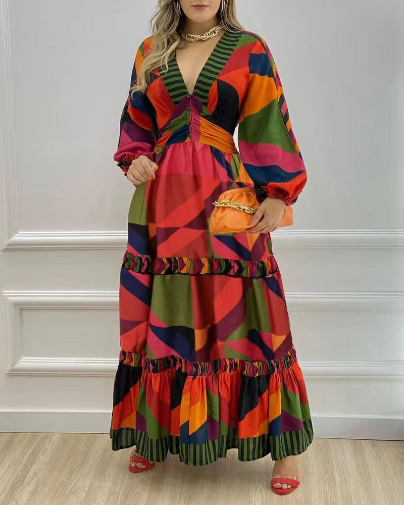 A vibrant long sleeve dress featuring a deep V-neck and colorful print, perfect for various occasions.