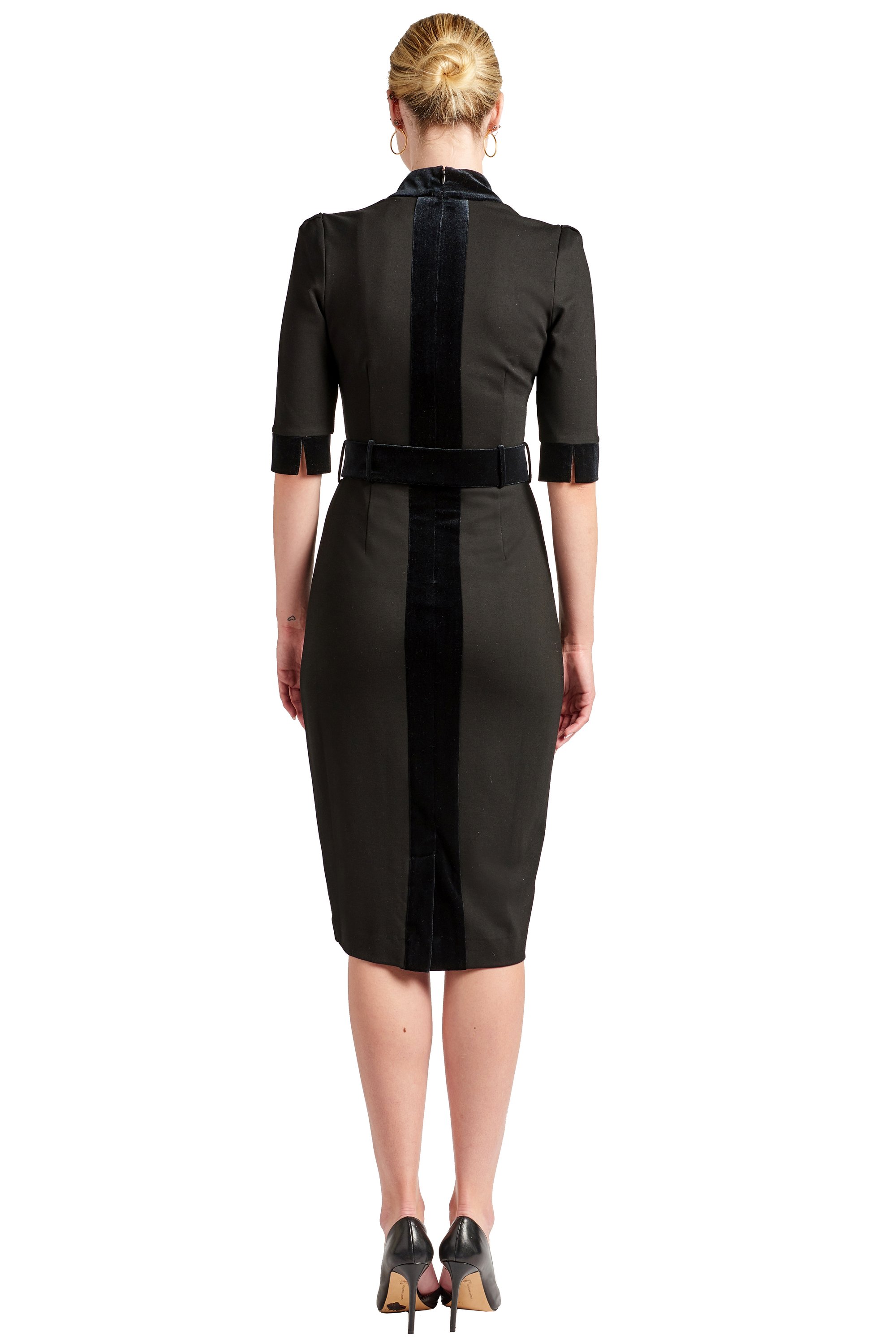 Nicola Sheath Dress featuring elbow sleeves, notch neck, and a luxurious velvet belt, perfect for professional settings.