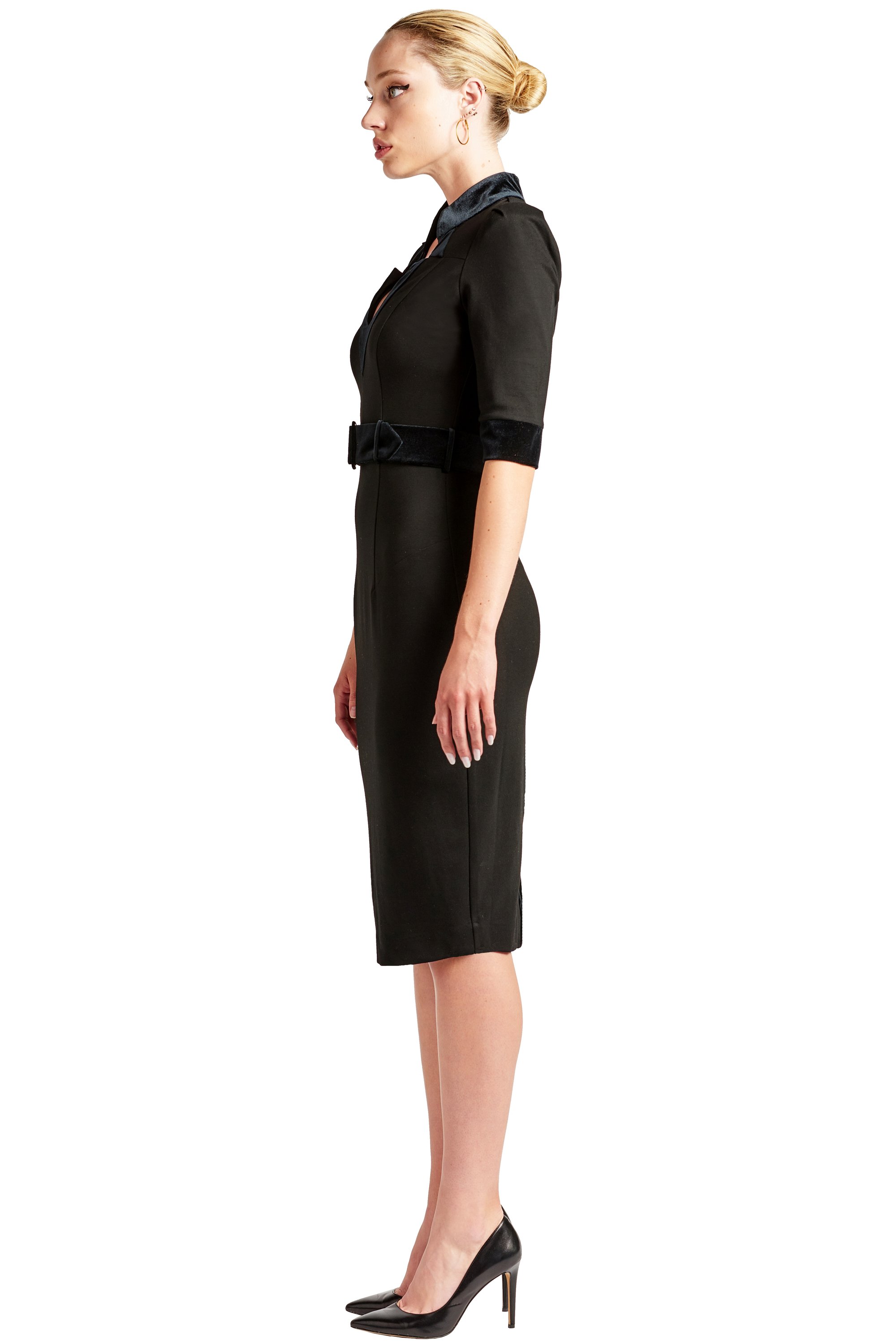 Nicola Sheath Dress featuring elbow sleeves, notch neck, and a luxurious velvet belt, perfect for professional settings.