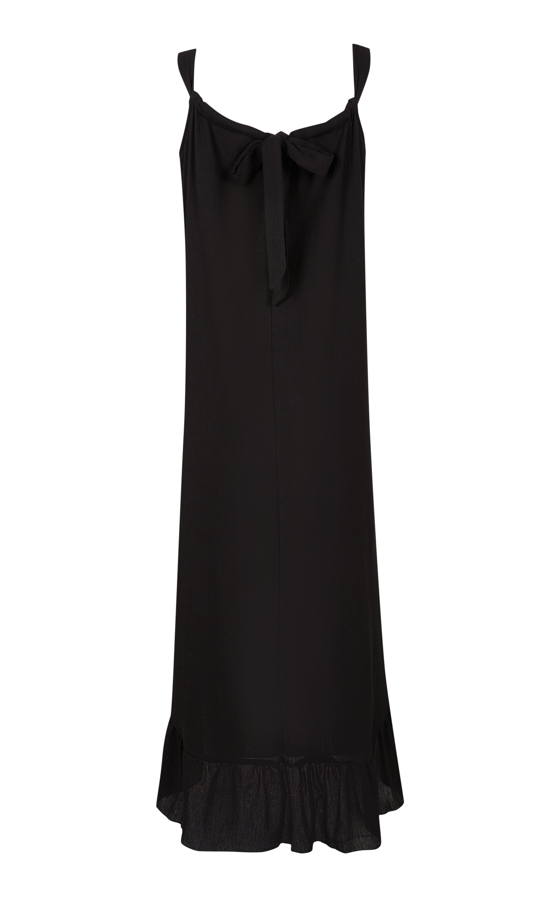 A stylish black maxi dress made from 100% Turkish cotton, featuring adjustable tie straps and a breezy silhouette, perfect for summer outings.