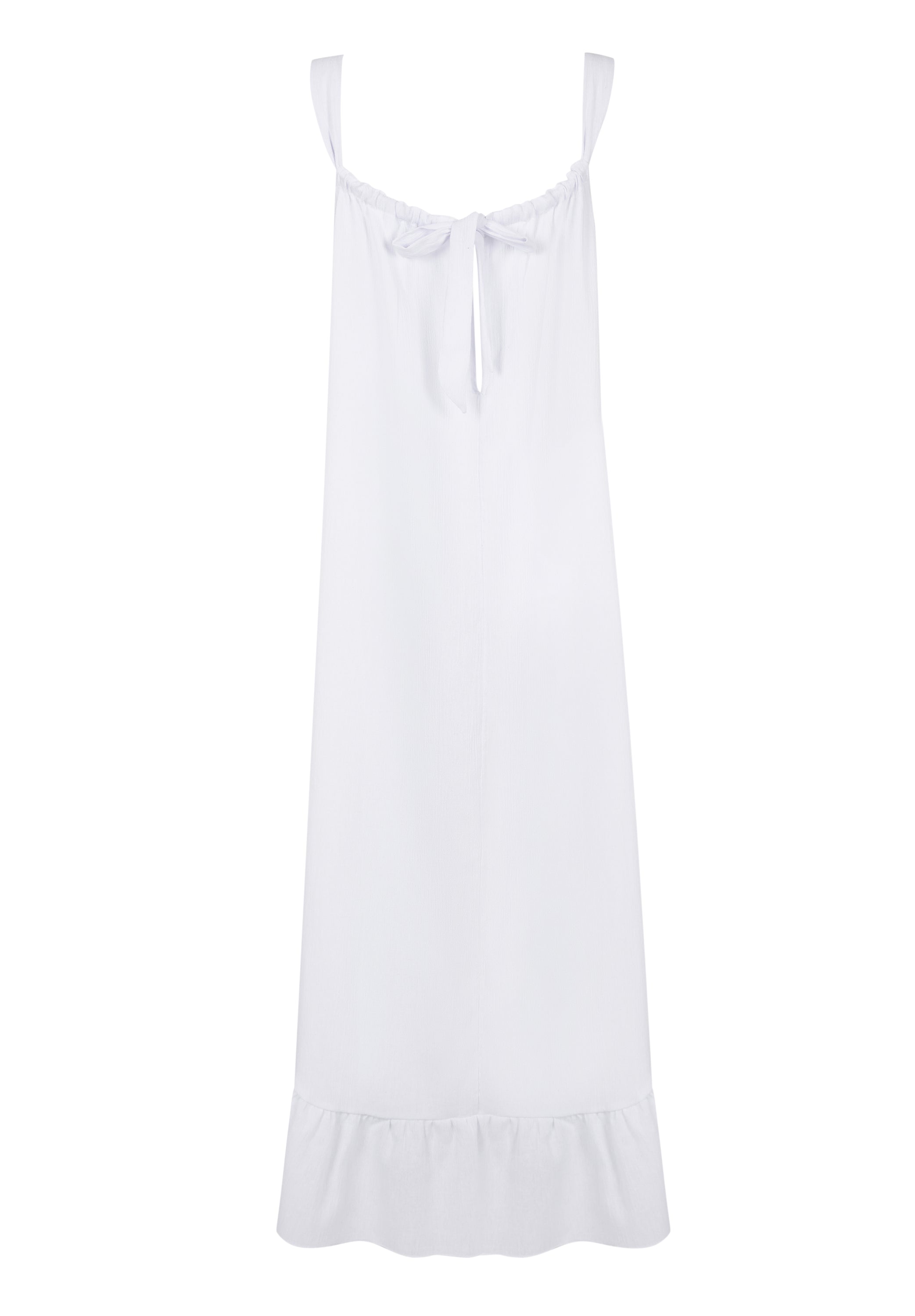 A stylish white maxi dress made from 100% Turkish cotton, featuring adjustable tie straps and a breezy silhouette, perfect for summer outings.