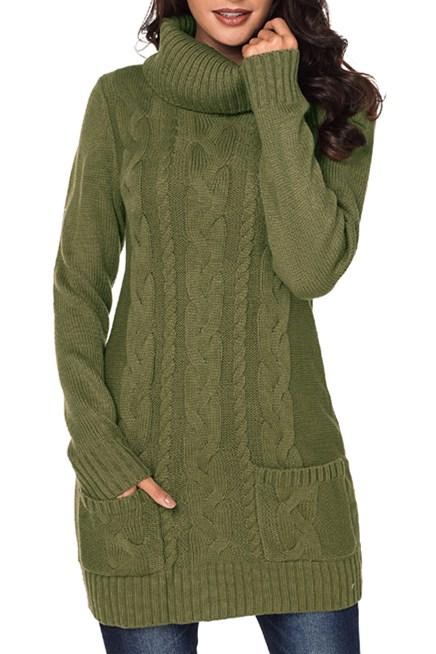 Olive cowl neck pocket cable knit sweater dress with full sleeves, above knee length, and stylish design, perfect for winter wear.