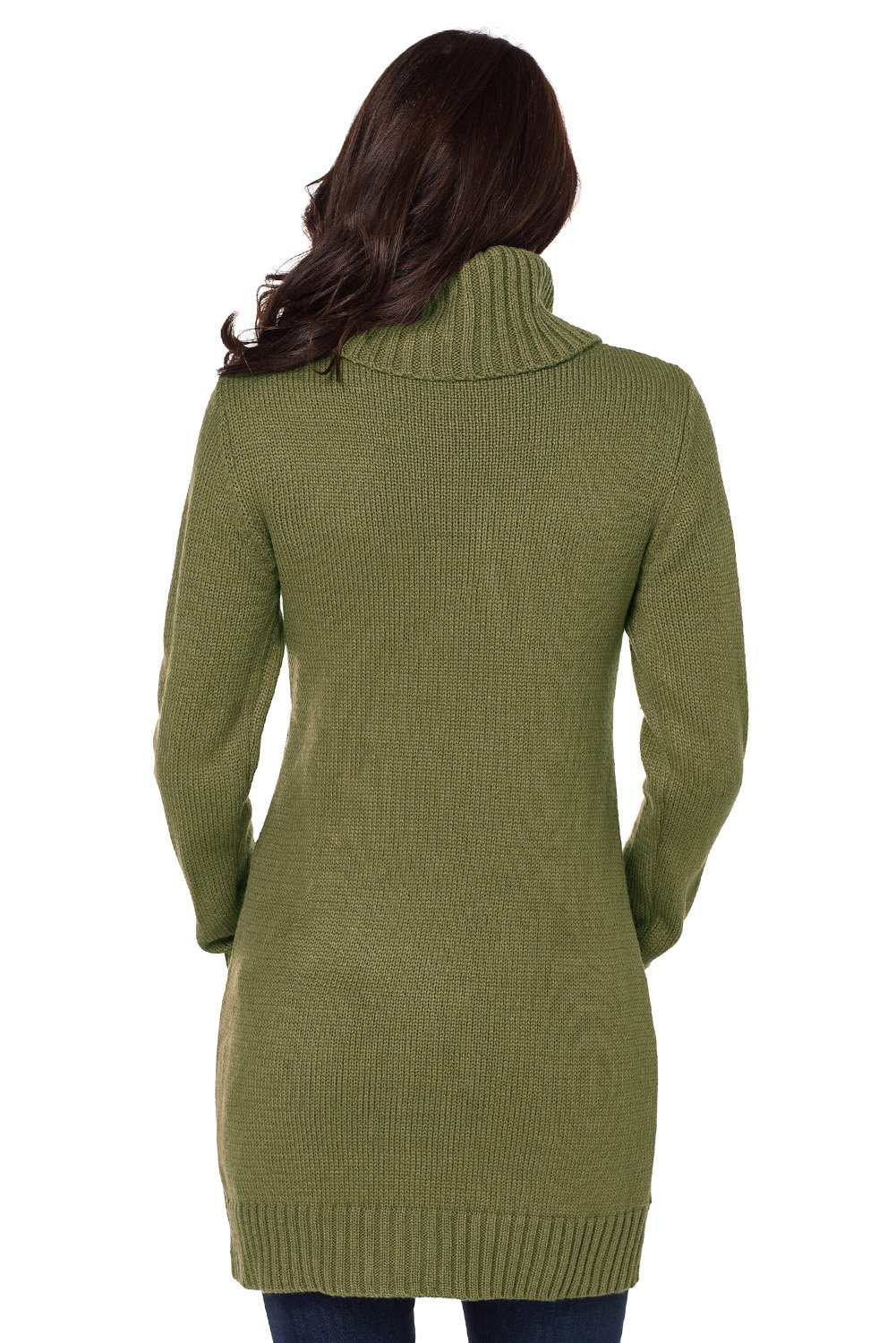 Olive cowl neck pocket cable knit sweater dress with full sleeves, above knee length, and stylish design, perfect for winter wear.