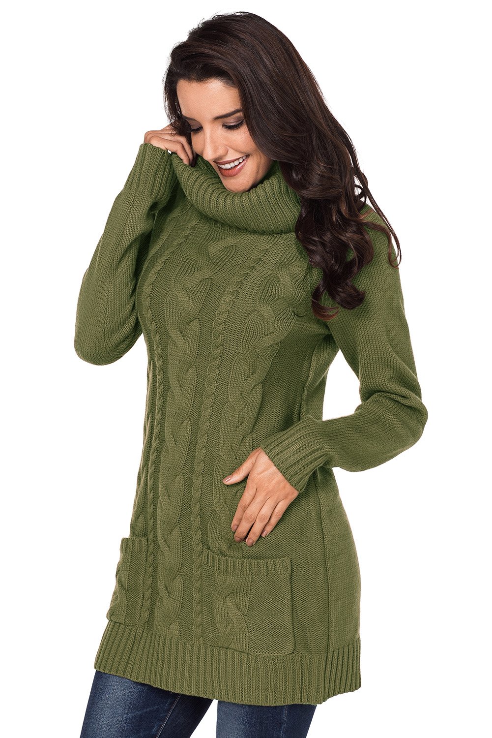 Olive cowl neck pocket cable knit sweater dress with full sleeves, above knee length, and stylish design, perfect for winter wear.