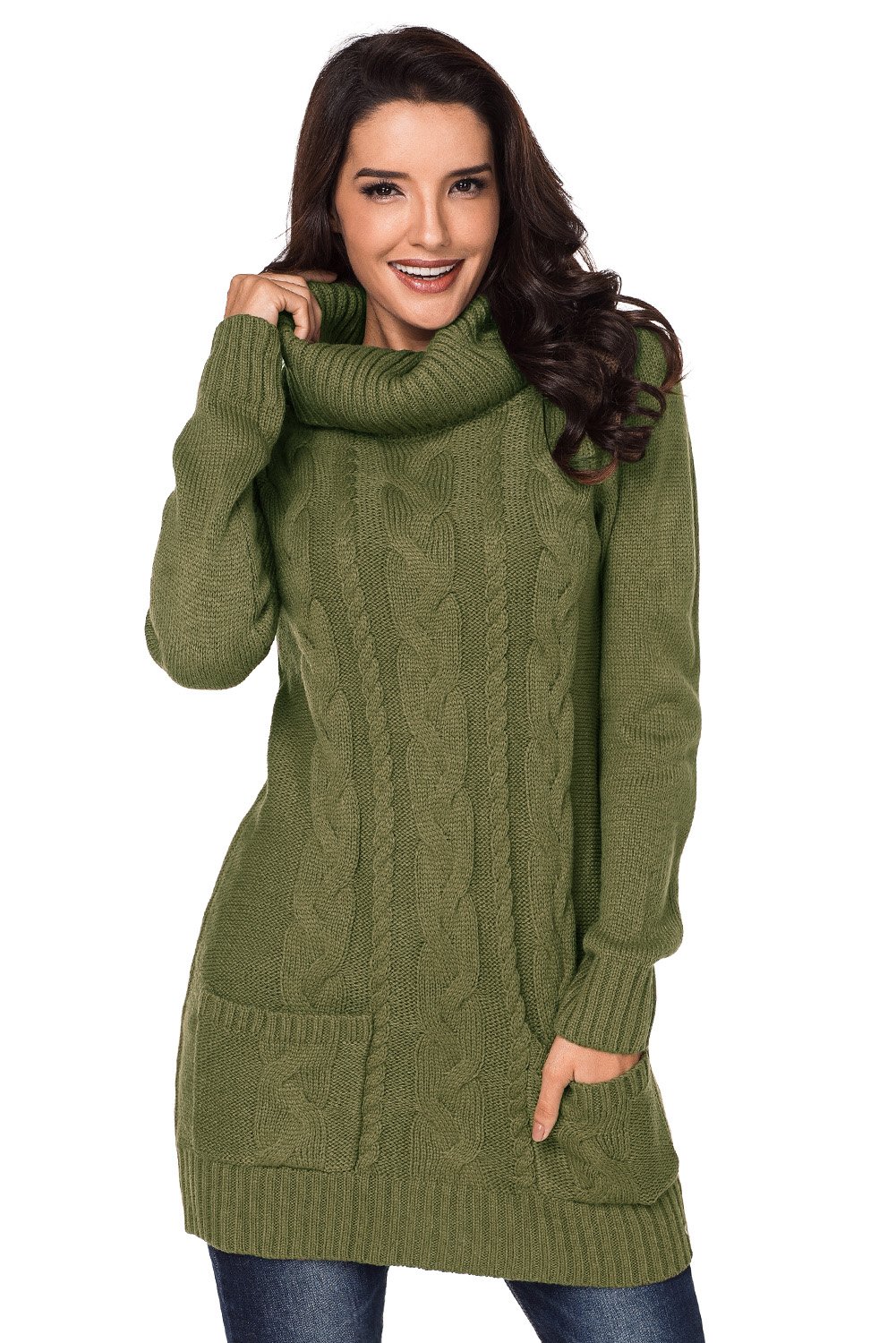 Olive cowl neck pocket cable knit sweater dress with full sleeves, above knee length, and stylish design, perfect for winter wear.