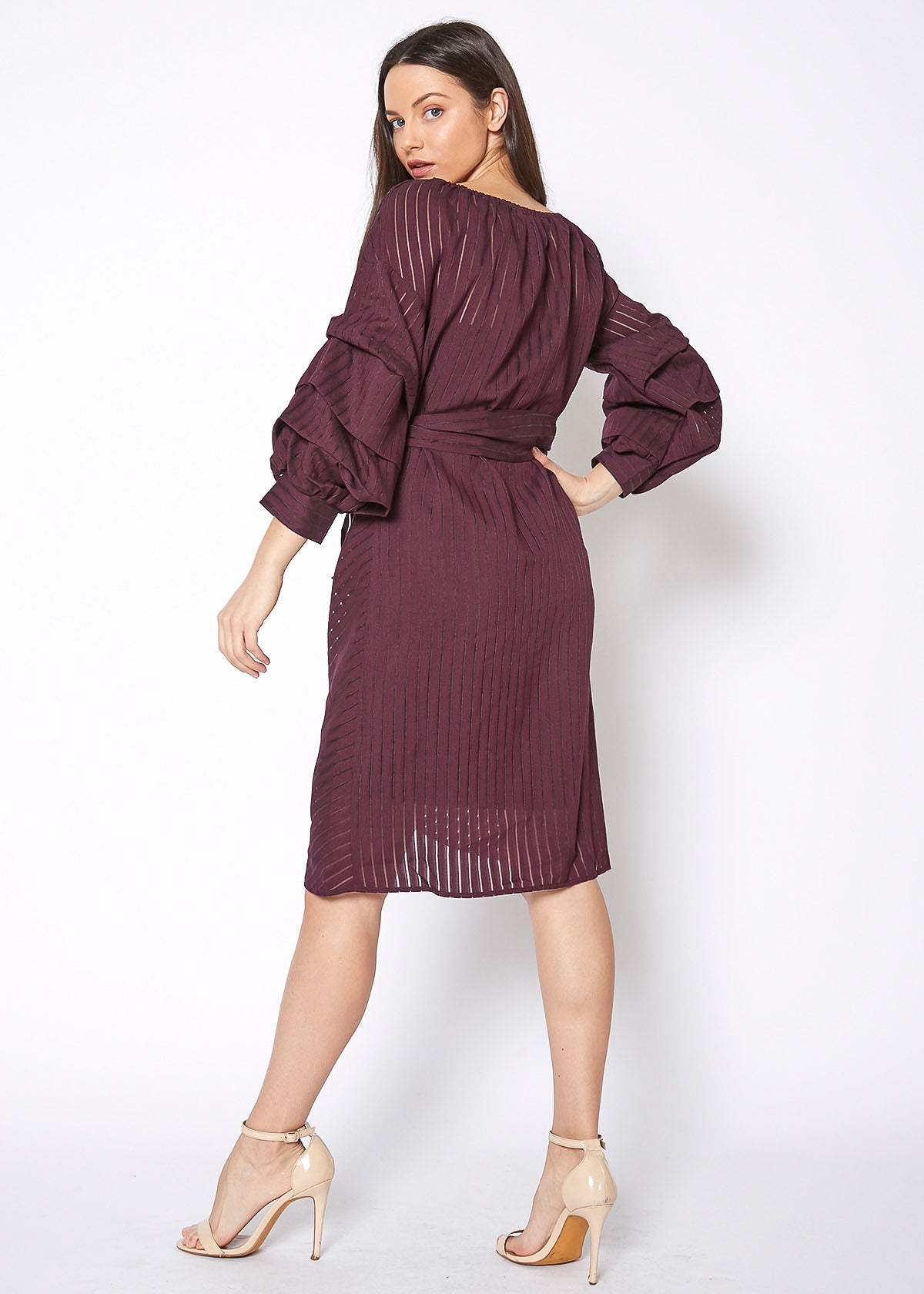 A stylish burgundy organza stripe wrap dress featuring gathered puffy sleeves, perfect for elegant occasions.