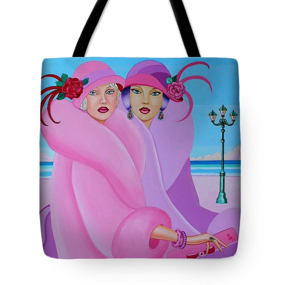 Palm Beach Pink Ladies Tote Bag featuring vibrant design and durable black strap, perfect for stylish carrying.