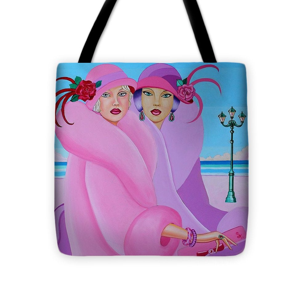 Palm Beach Pink Ladies Tote Bag featuring vibrant design and durable black strap, perfect for stylish carrying.