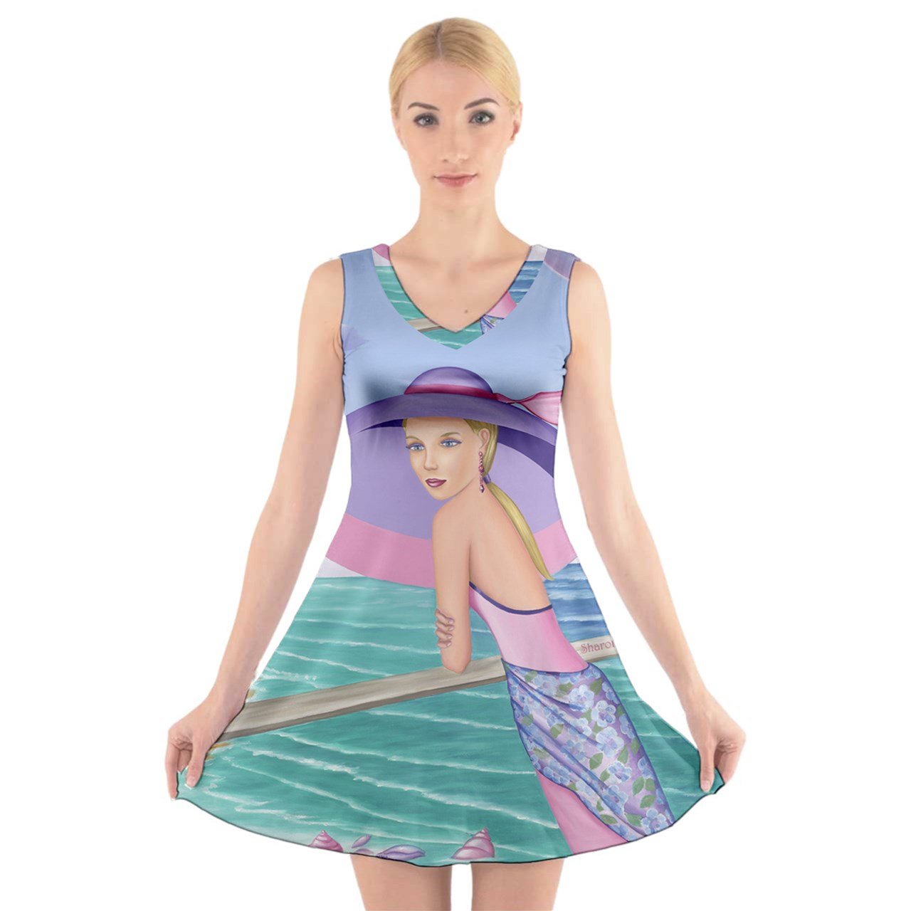 A stylish sleeveless dress in Palm Beach Purple, featuring a fitted top and flared bottom, showcasing vibrant designs.