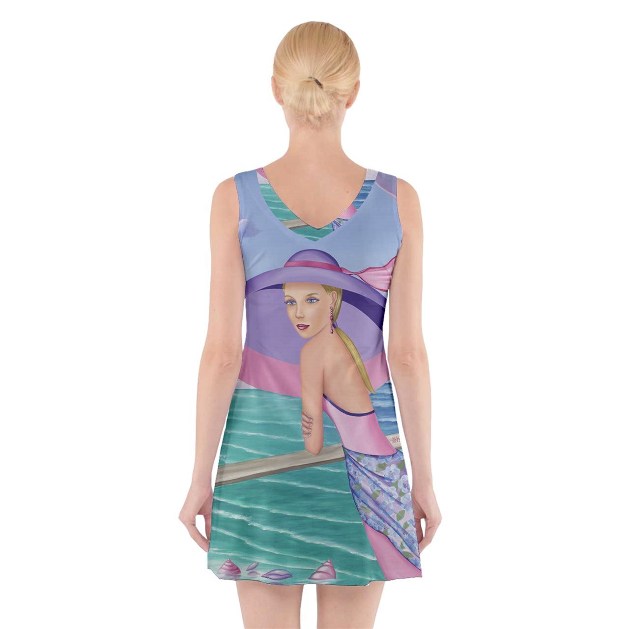 A stylish sleeveless dress in Palm Beach Purple, featuring a fitted top and flared bottom, showcasing vibrant designs.