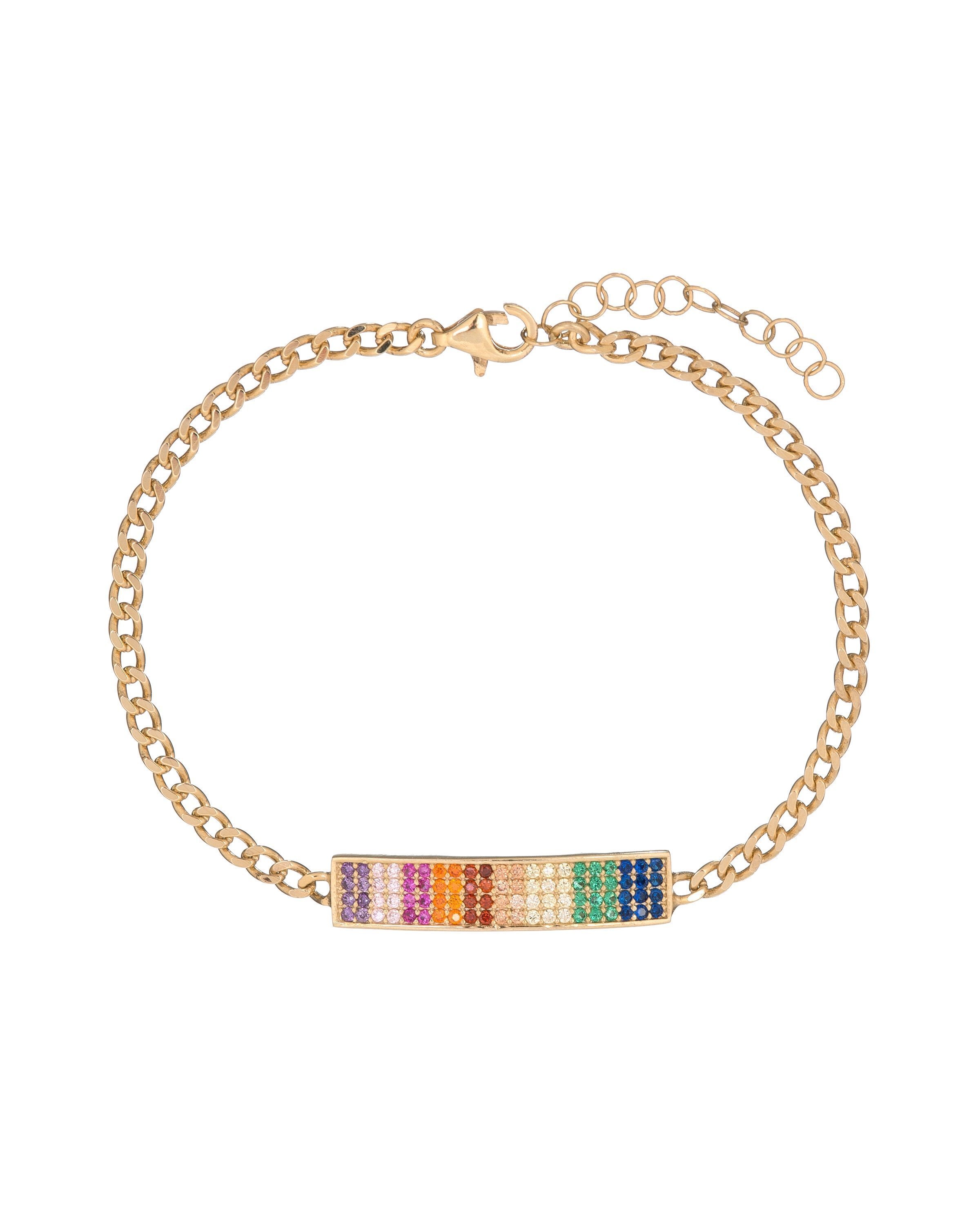 Pave Rainbow Chain Bracelet featuring certified Swarovski crystals set in 18K gold plating, showcasing vibrant colors and elegant design.