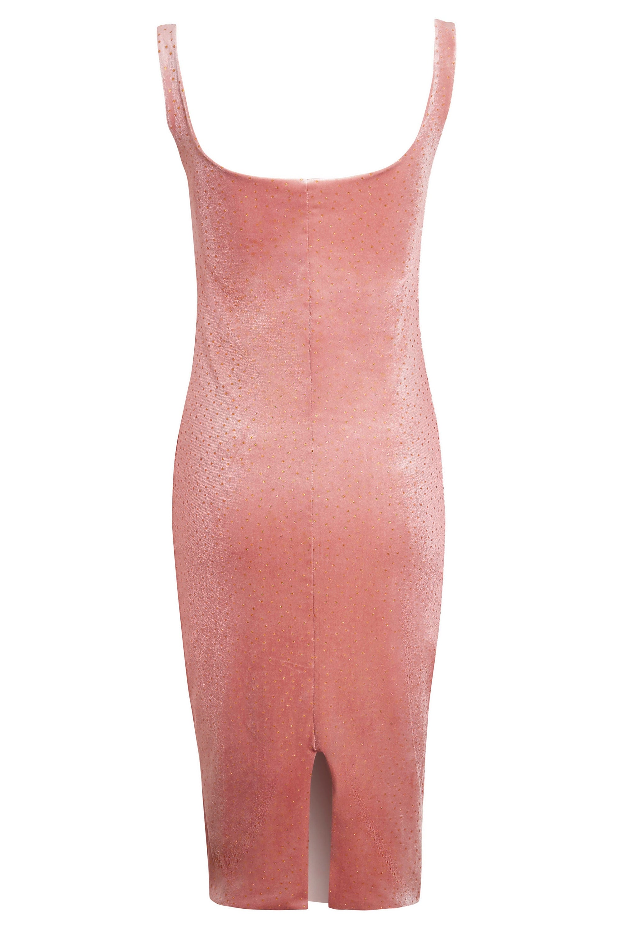 A stylish pink polka dot dress with a fitted silhouette, scooping neckline, and golden polka dot details, elegantly displayed on a mannequin.