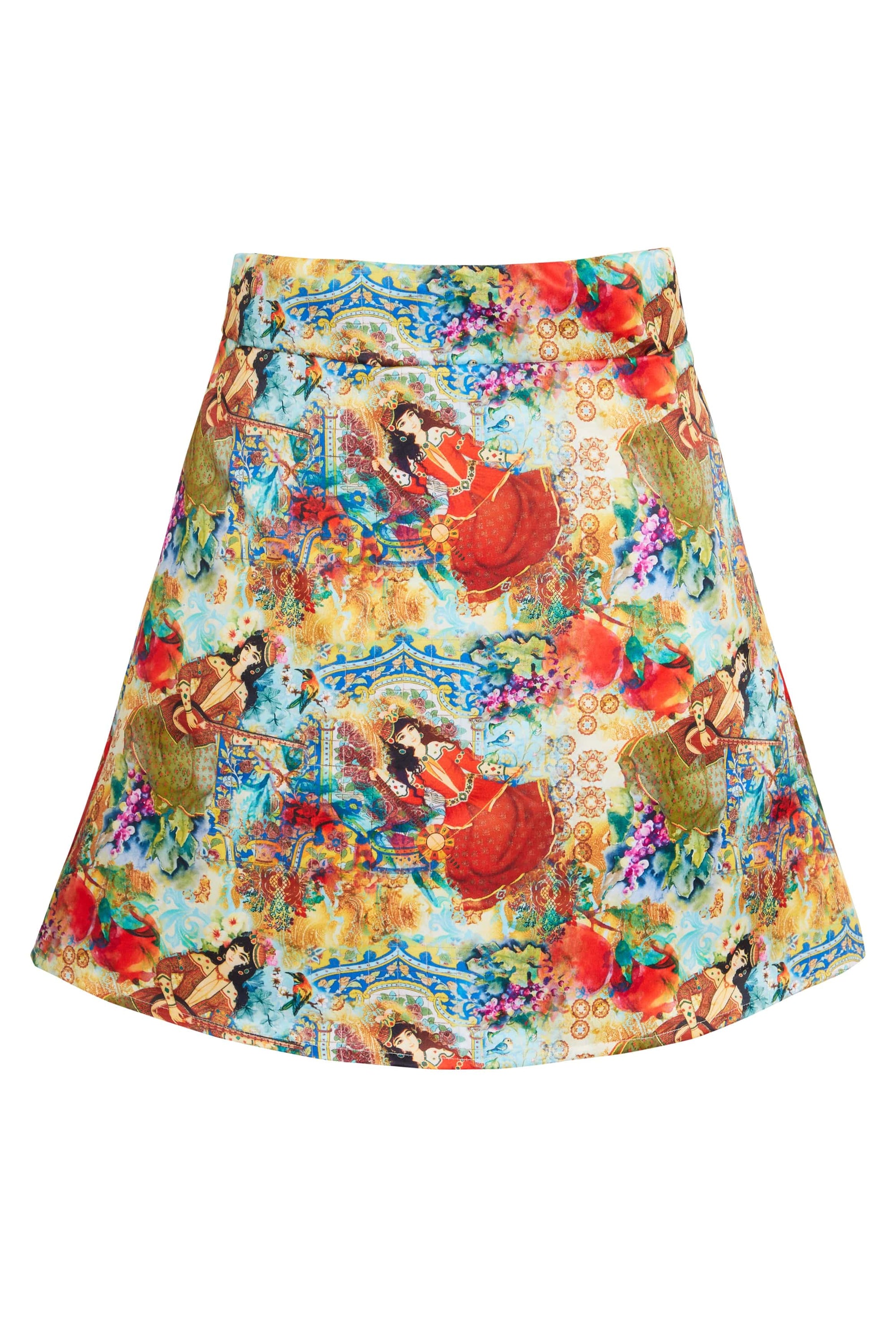 A vibrant Printed Mini Skirt featuring an exclusive Persian art print in reds, blues, and golds, designed for a stylish mid-thigh look.