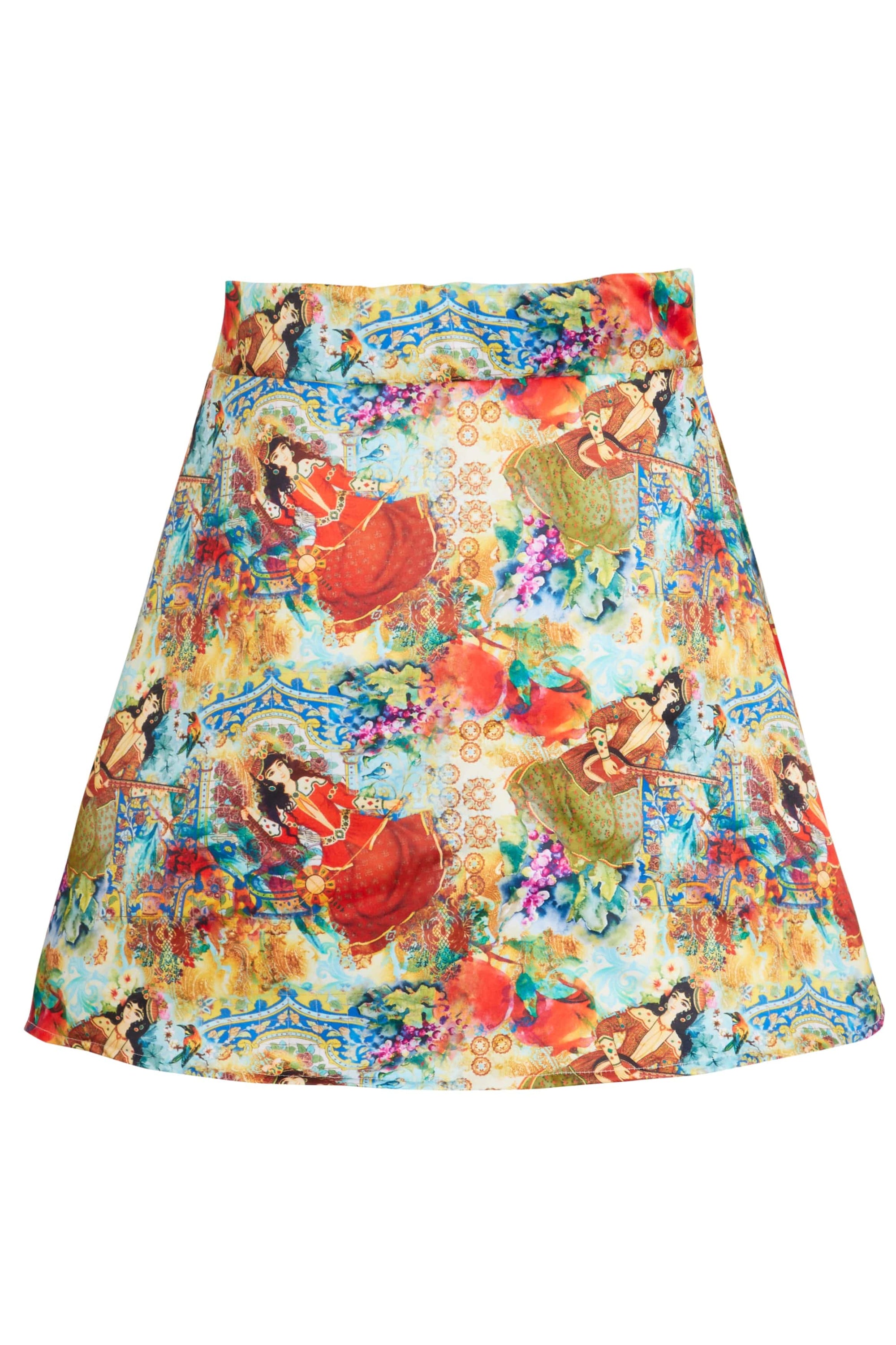 A vibrant Printed Mini Skirt featuring an exclusive Persian art print in reds, blues, and golds, designed for a stylish mid-thigh look.