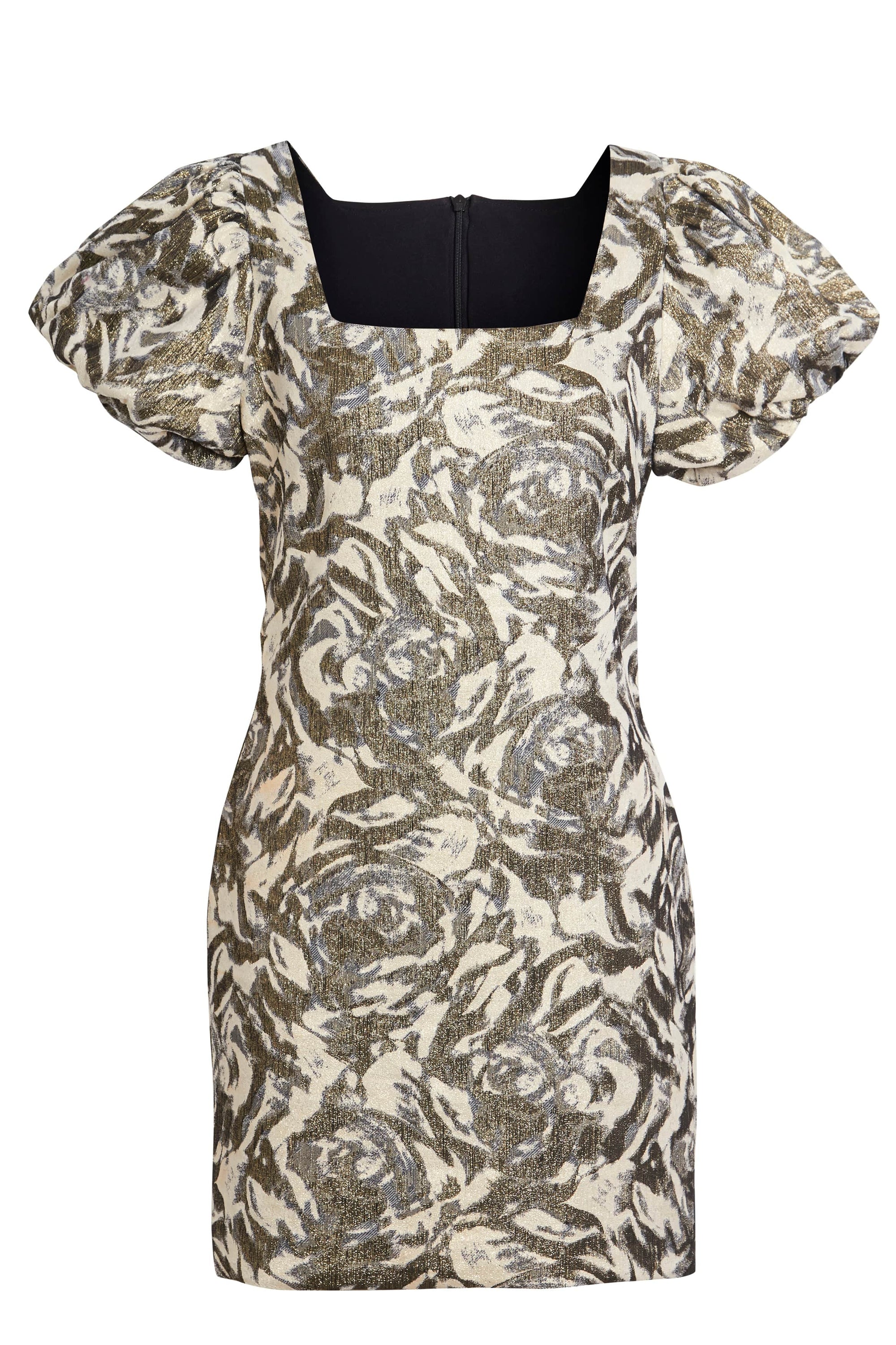 A stylish Puff Shoulder Dress featuring a golden floral sparkly design, short puffed sleeves, and a low square neckline, perfect for evening events.