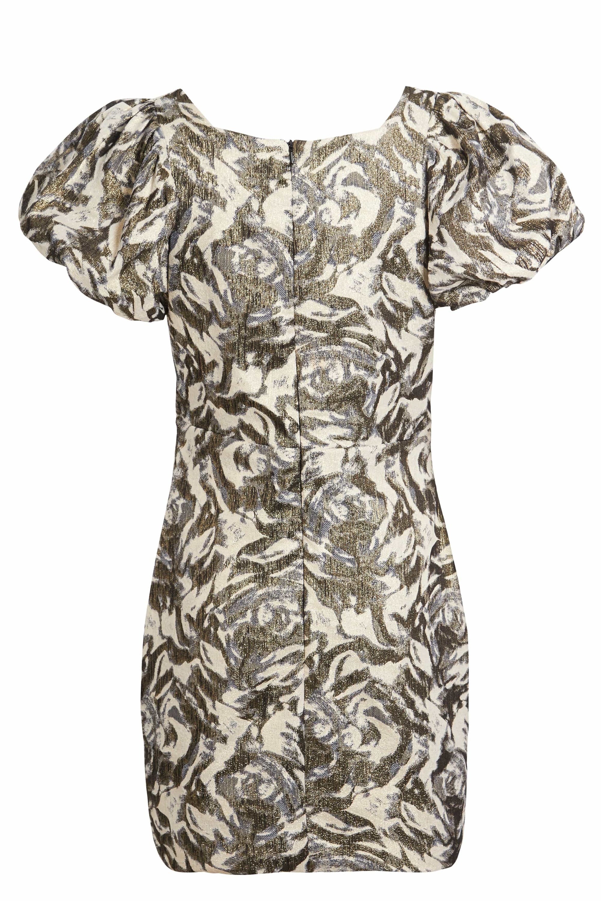 A stylish Puff Shoulder Dress featuring a golden floral sparkly design, short puffed sleeves, and a low square neckline, perfect for evening events.