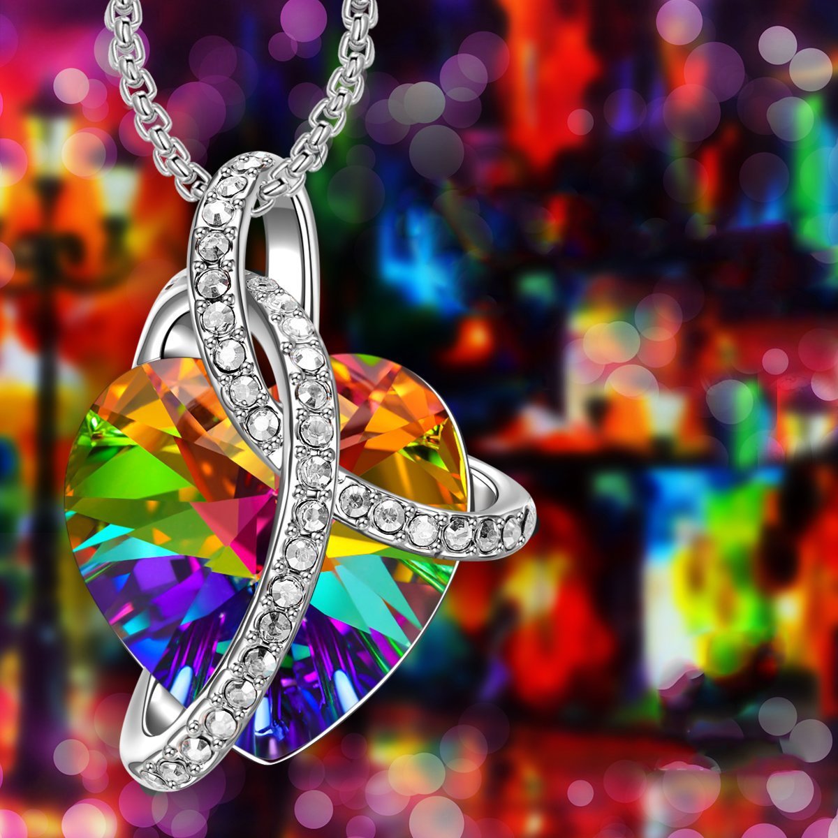 Rainbow Aurora Borealis Swarovski Elements Heart Necklace in 18K White Gold, featuring a heart-shaped pendant with vibrant colors.