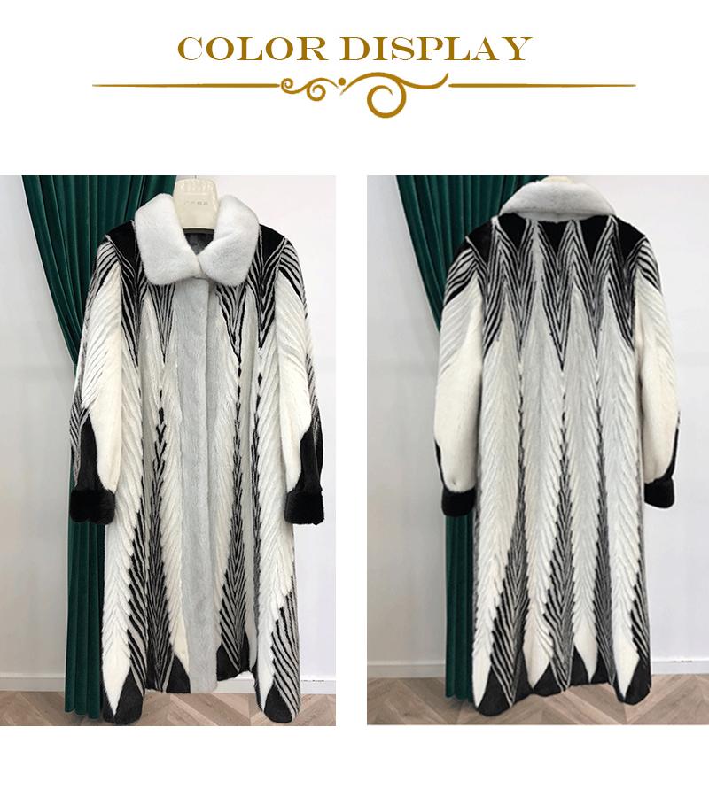 A luxurious women's real mink coat featuring a gradient striped design and V-neck collar, perfect for winter wear.