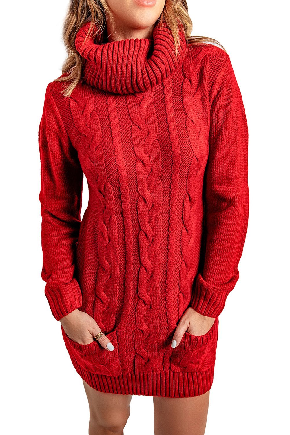 A stylish red cowl neck sweater dress with full sleeves and pockets, perfect for winter wear.