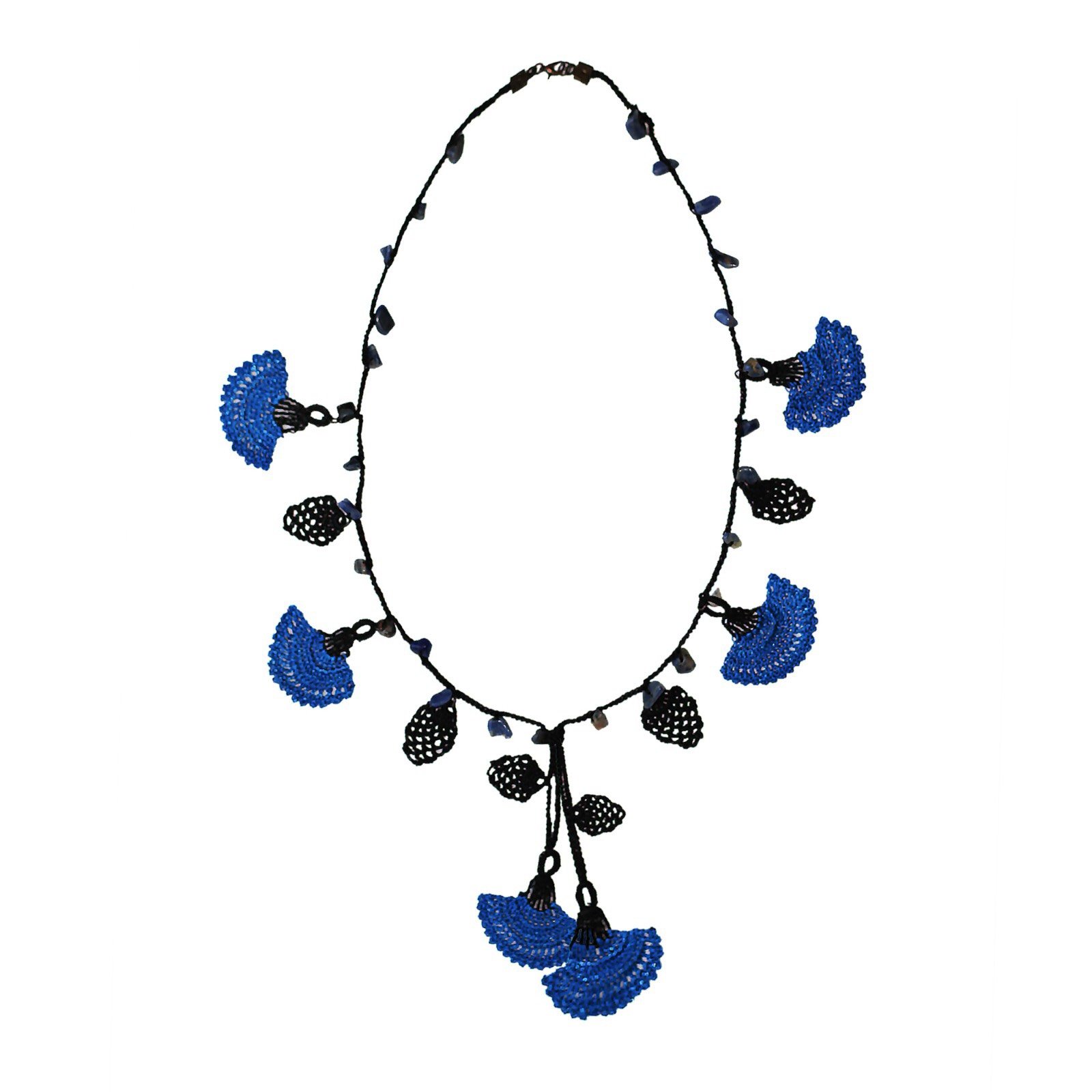 REEZ Long Necklace featuring black and midnight blue hand-embroideries, designed for a boho-chic look.