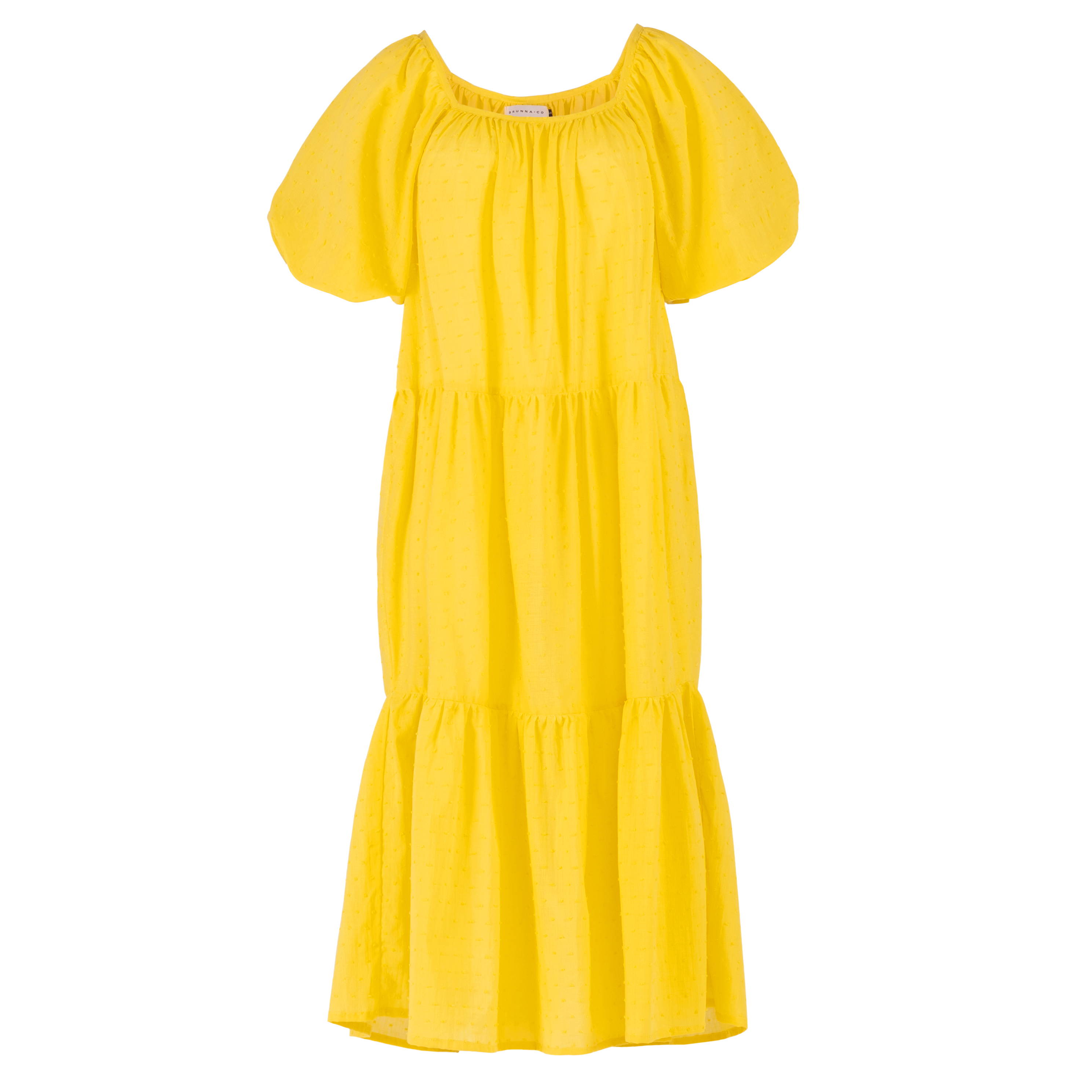 A vibrant sunflower yellow midi dress with dotted pattern, featuring puff sleeves and a tiered skirt, perfect for summer occasions.