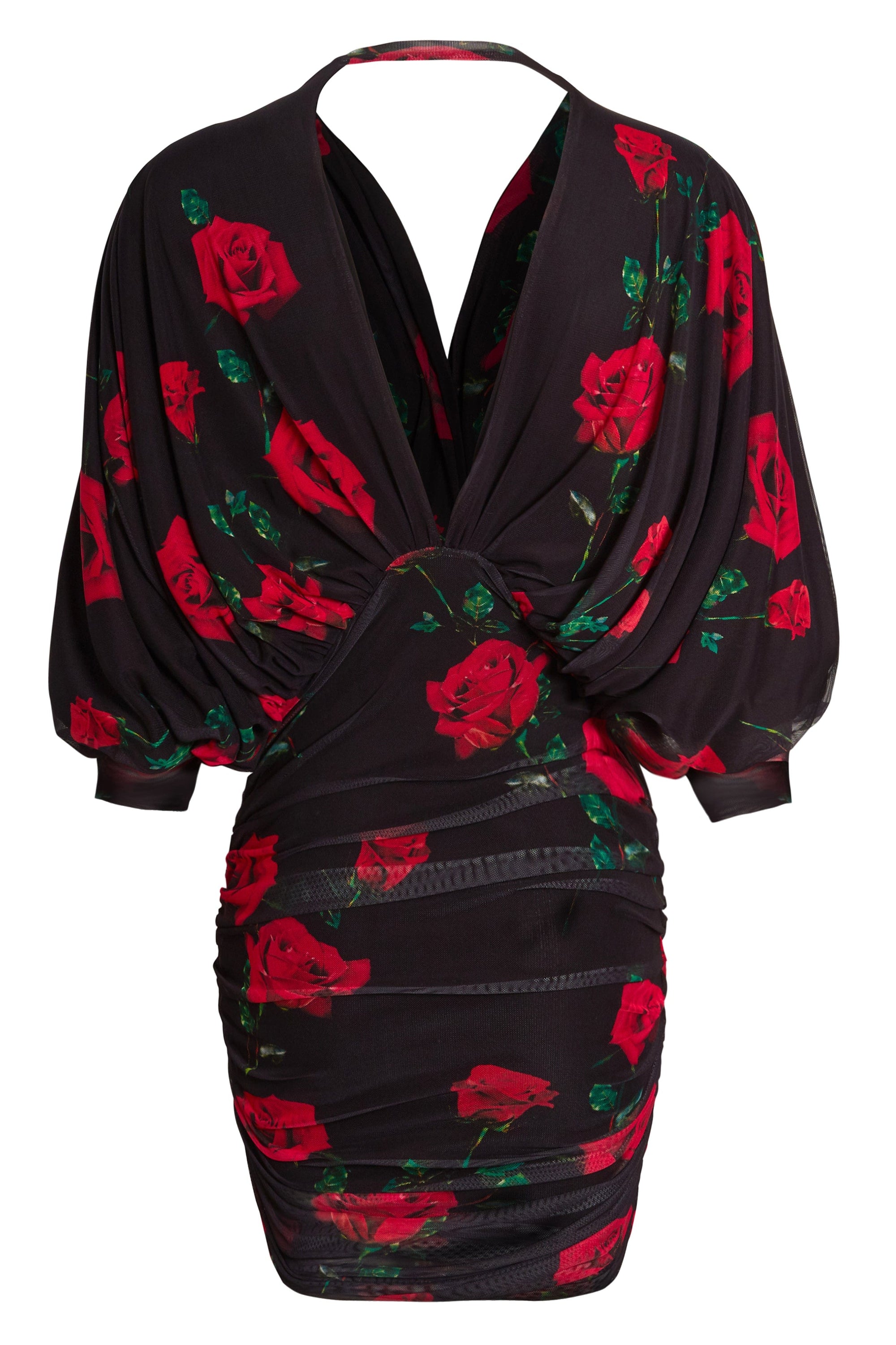 Nya Ruched Batwing Dress featuring floral black and red mesh with batwing sleeves and bodycon fit, perfect for evening occasions.