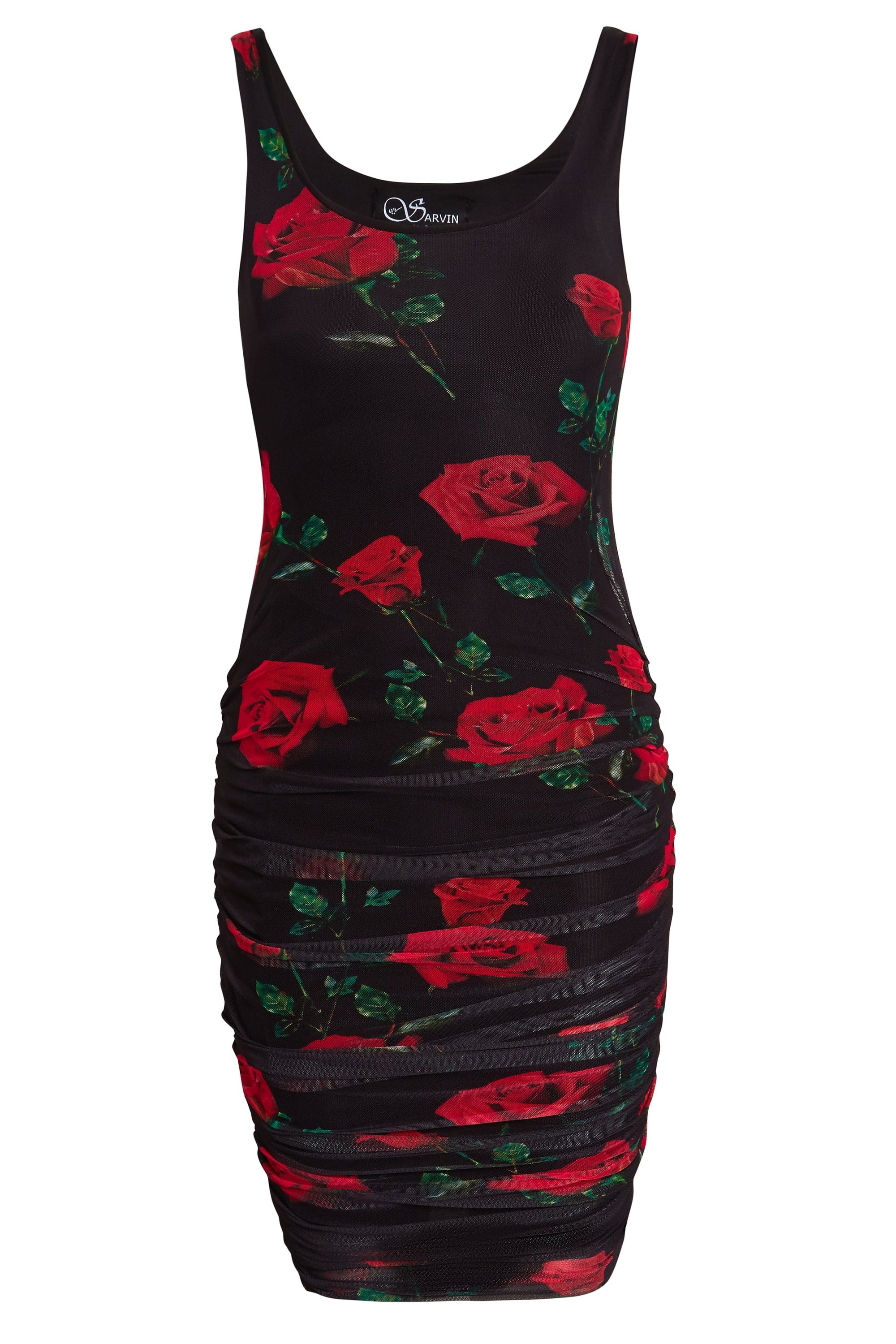 A stylish red rose floral print Vida Ruched Bodycon Dress featuring a low scoop neckline and figure-hugging ruching details.