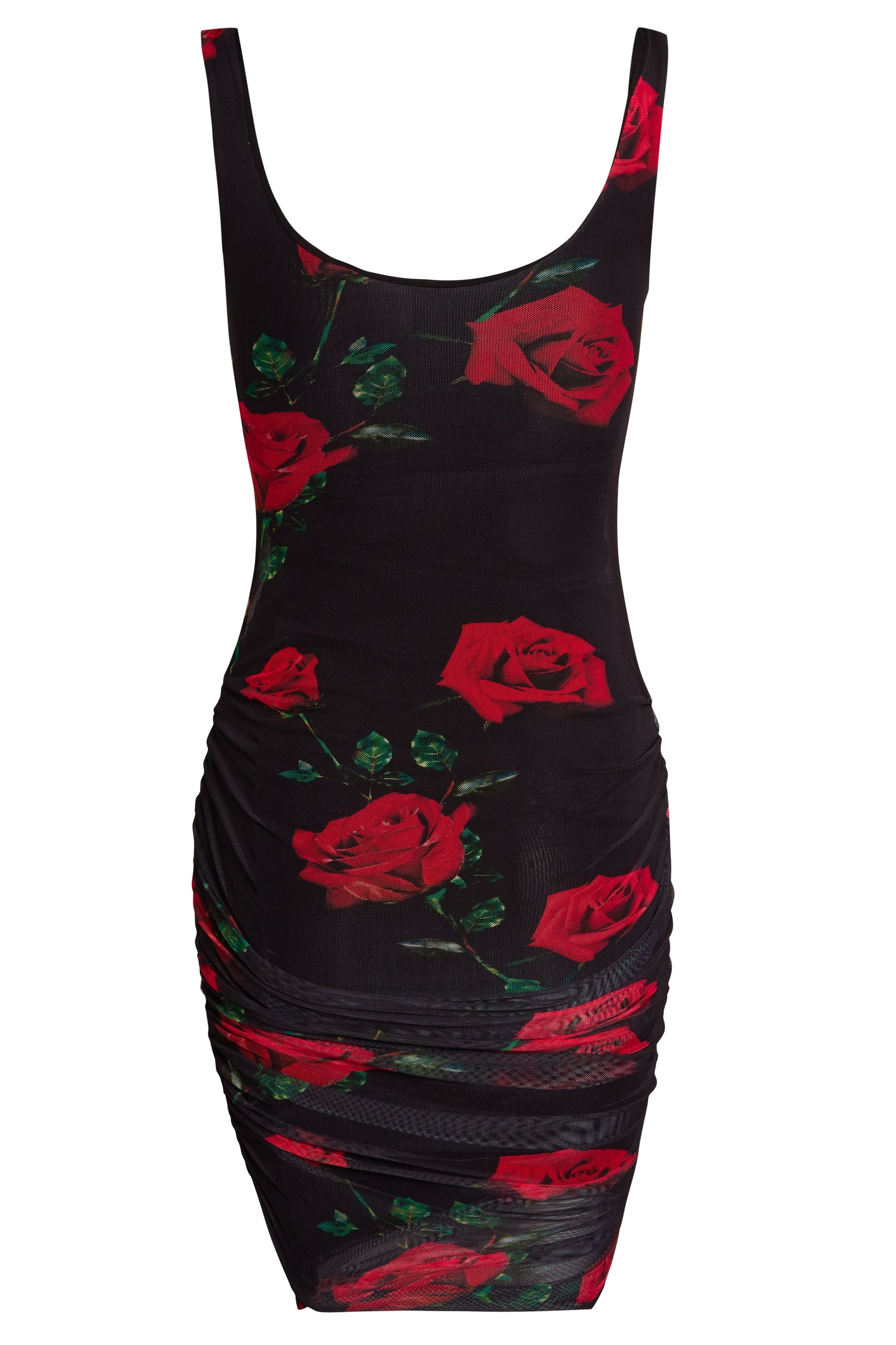 A stylish red rose floral print Vida Ruched Bodycon Dress featuring a low scoop neckline and figure-hugging ruching details.