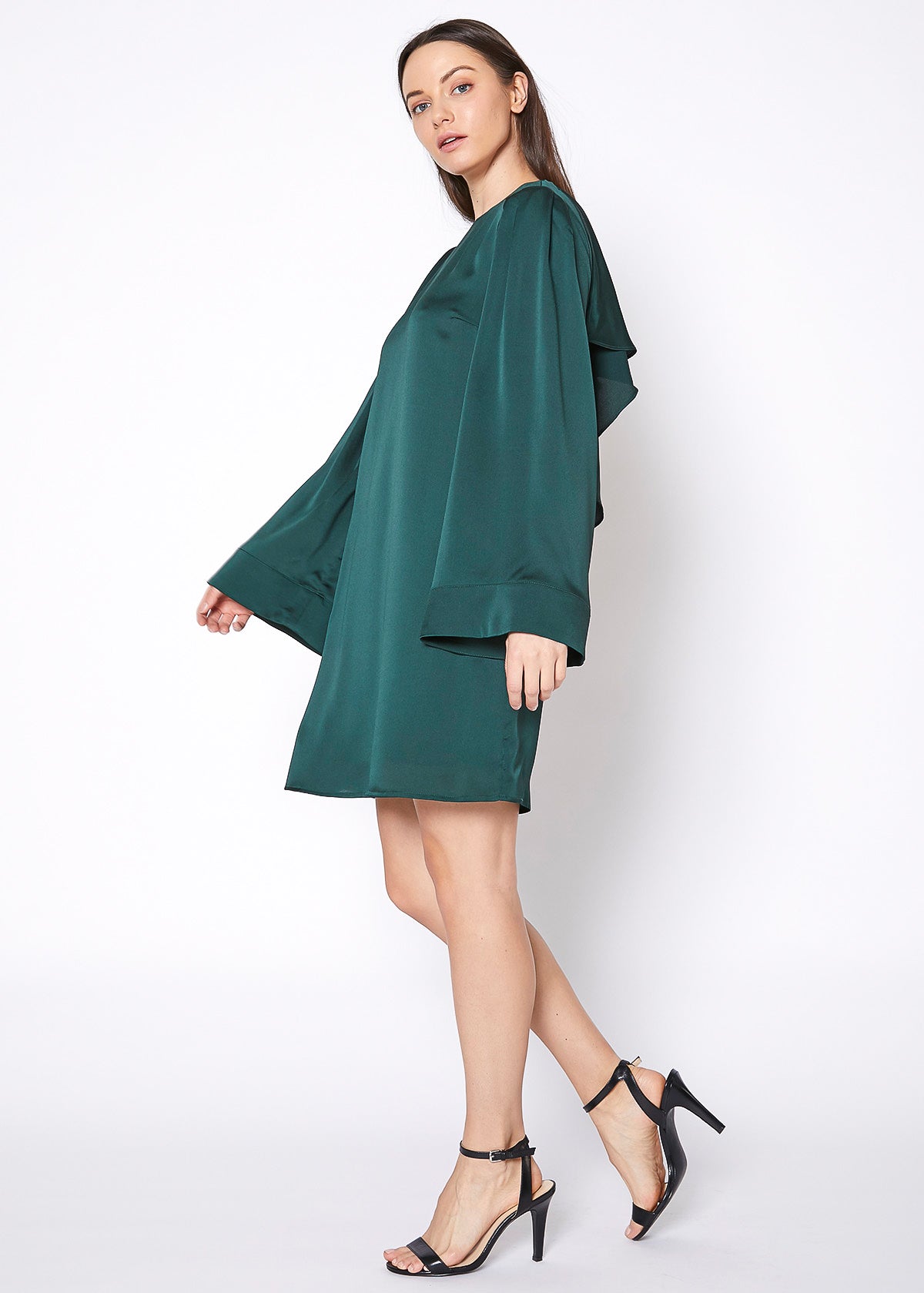 A stylish women's satin cross back tunic dress featuring batwing sleeves and a shiny finish, perfect for various occasions.