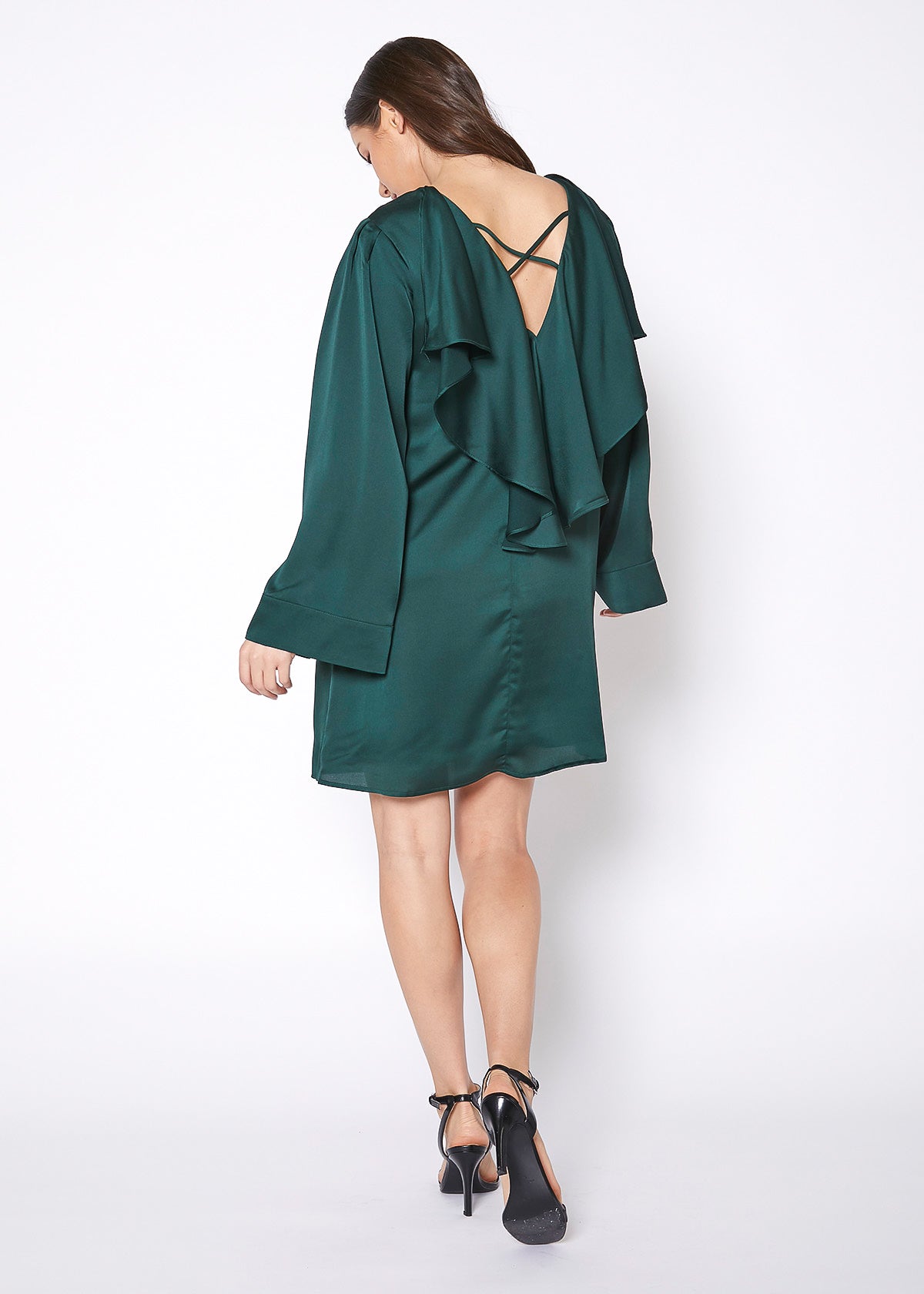 A stylish women's satin cross back tunic dress featuring batwing sleeves and a shiny finish, perfect for various occasions.