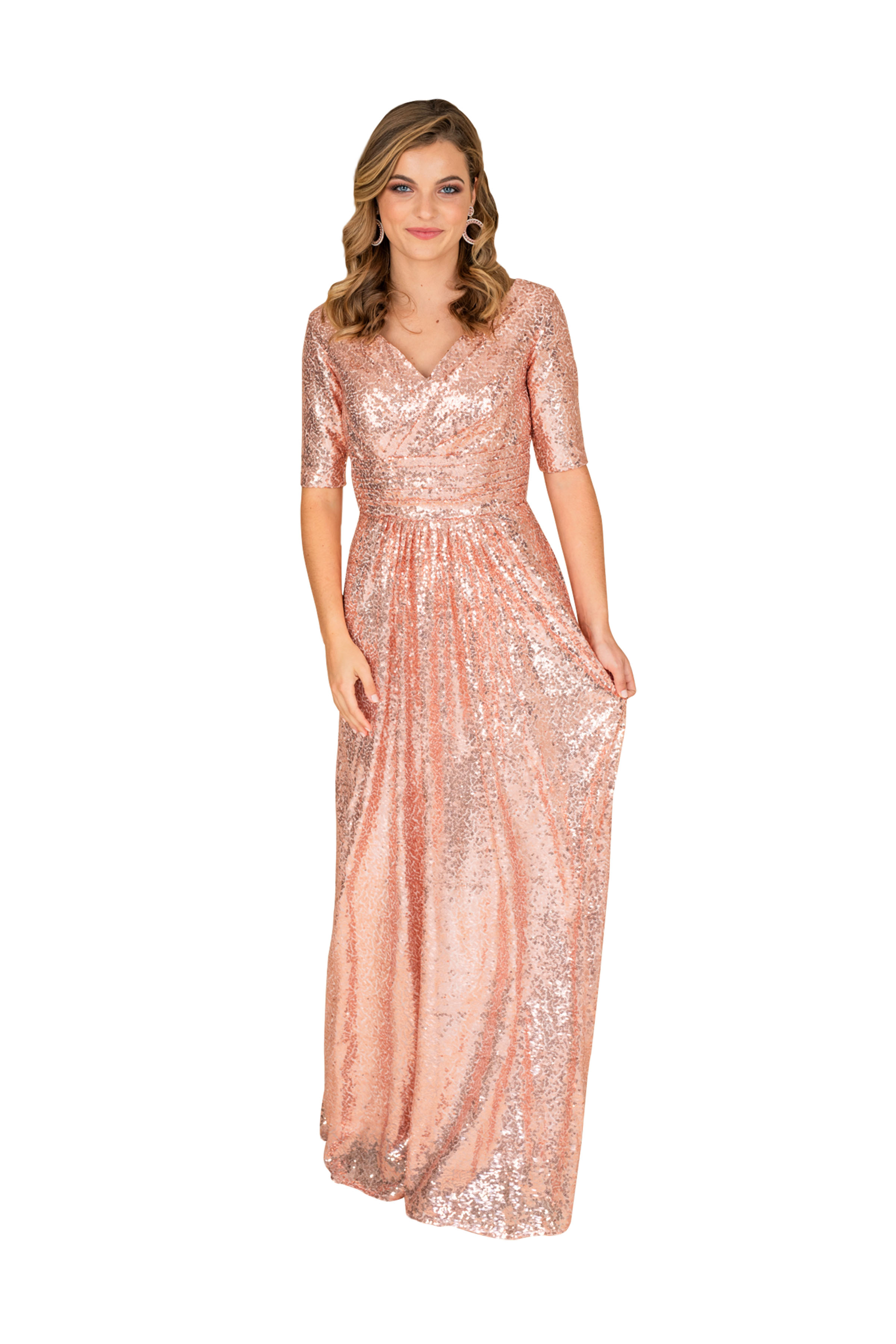 A glamorous Sequin Fit and Flare Gown featuring intricate sequin detailing, perfect for formal evening events.