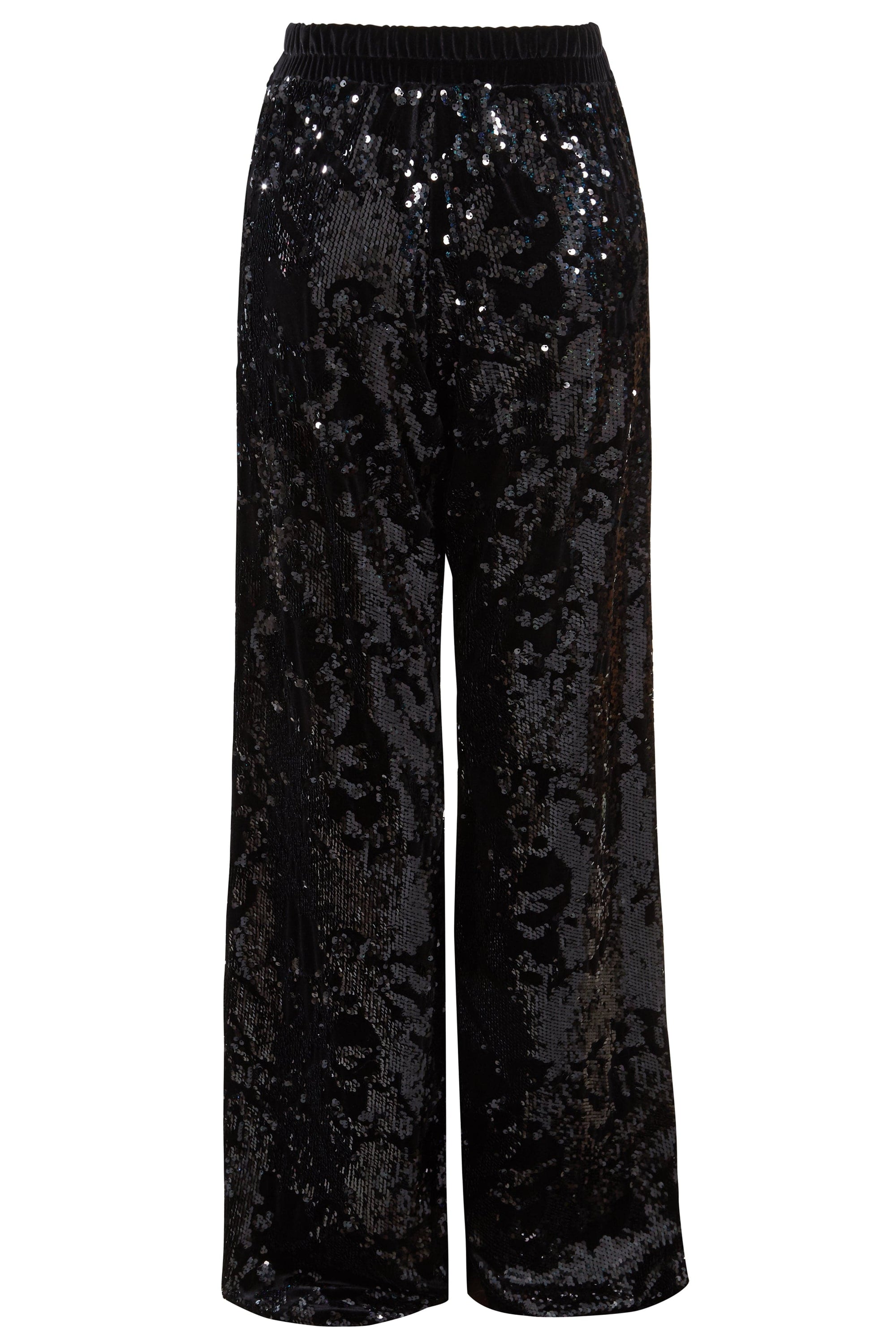 A pair of elegant sequin flared trousers with a wide leg design, showcasing sparkly sequins, perfect for festive occasions.