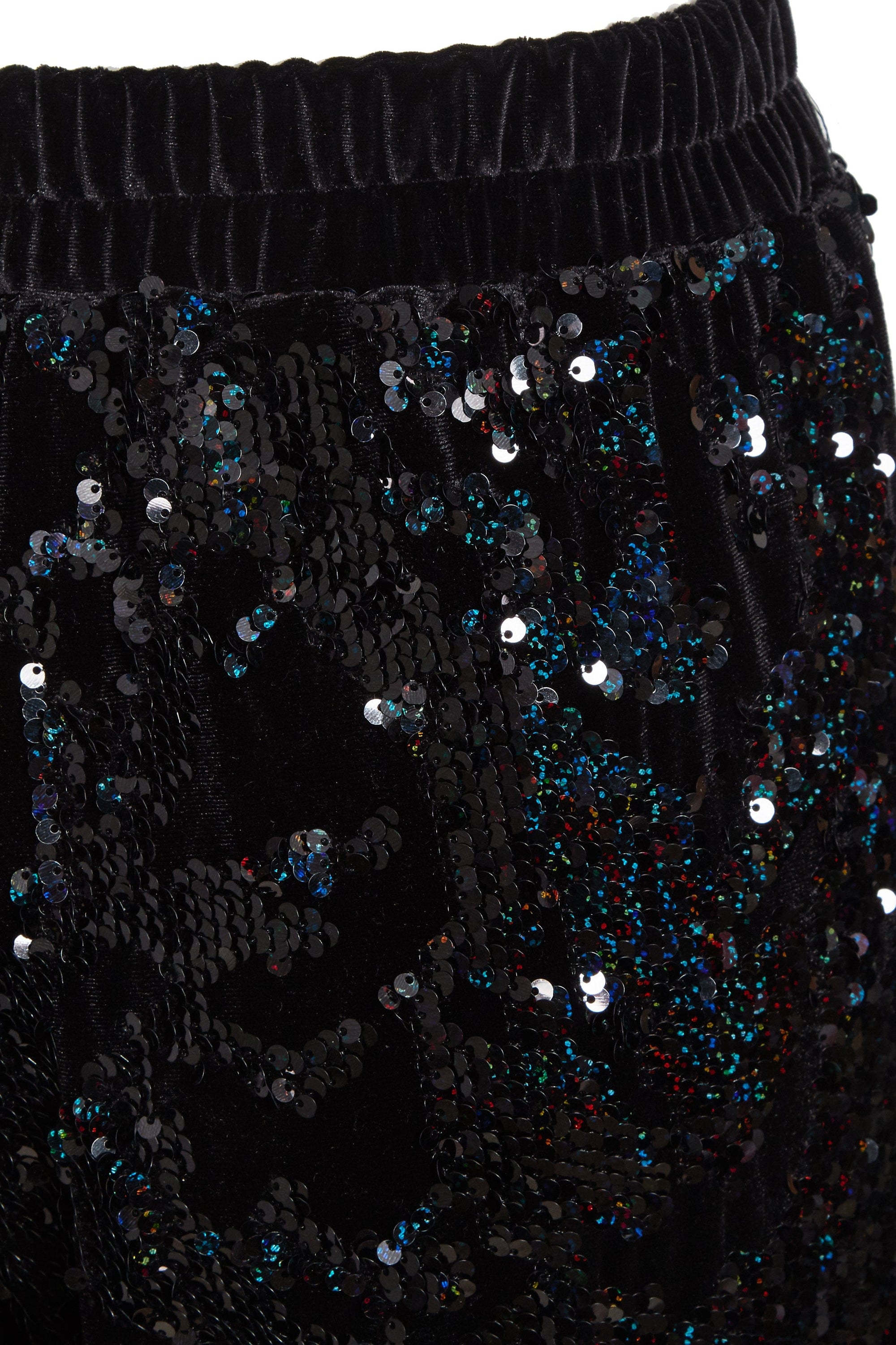 A pair of elegant sequin flared trousers with a wide leg design, showcasing sparkly sequins, perfect for festive occasions.