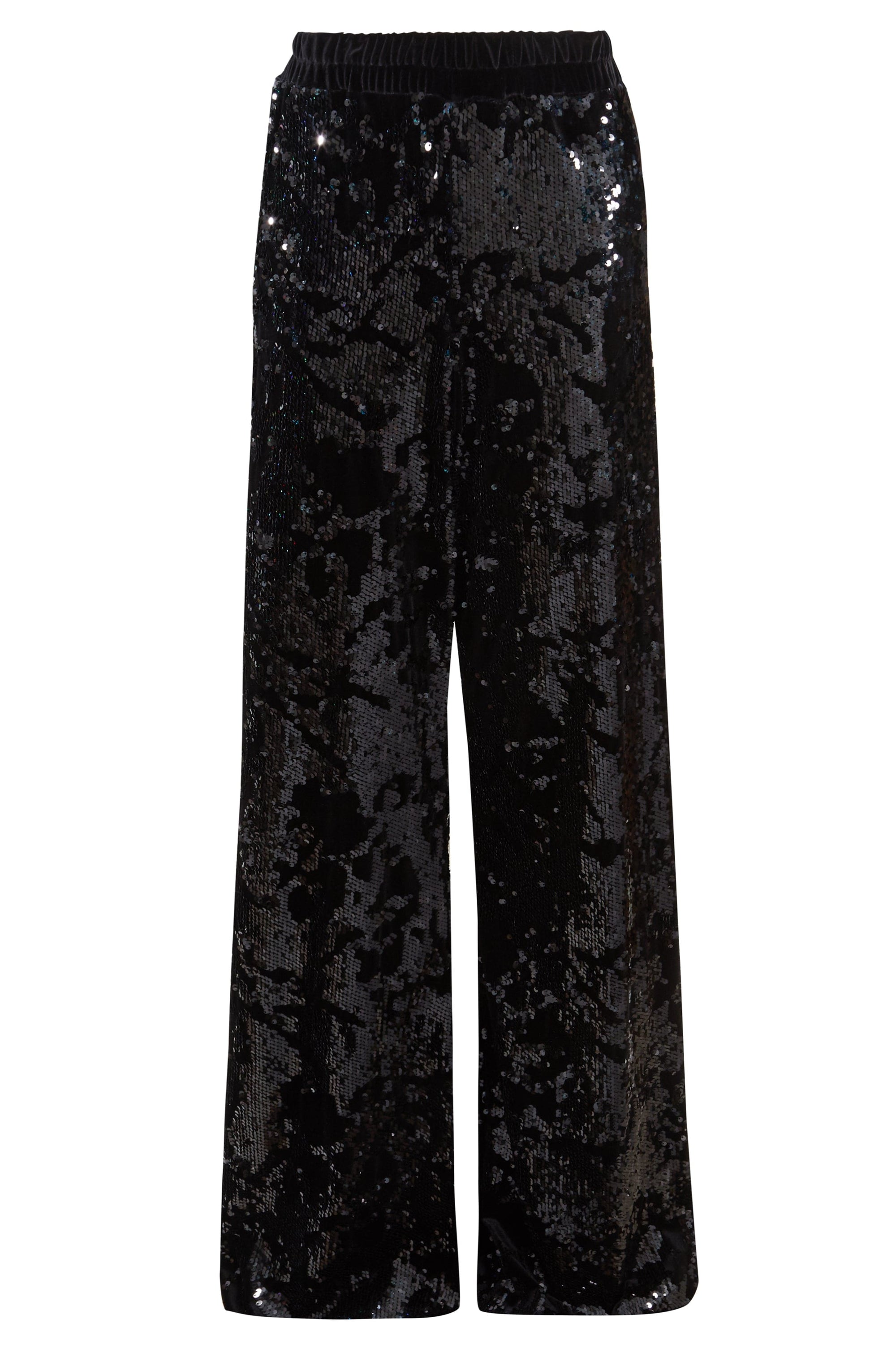 A pair of elegant sequin flared trousers with a wide leg design, showcasing sparkly sequins, perfect for festive occasions.