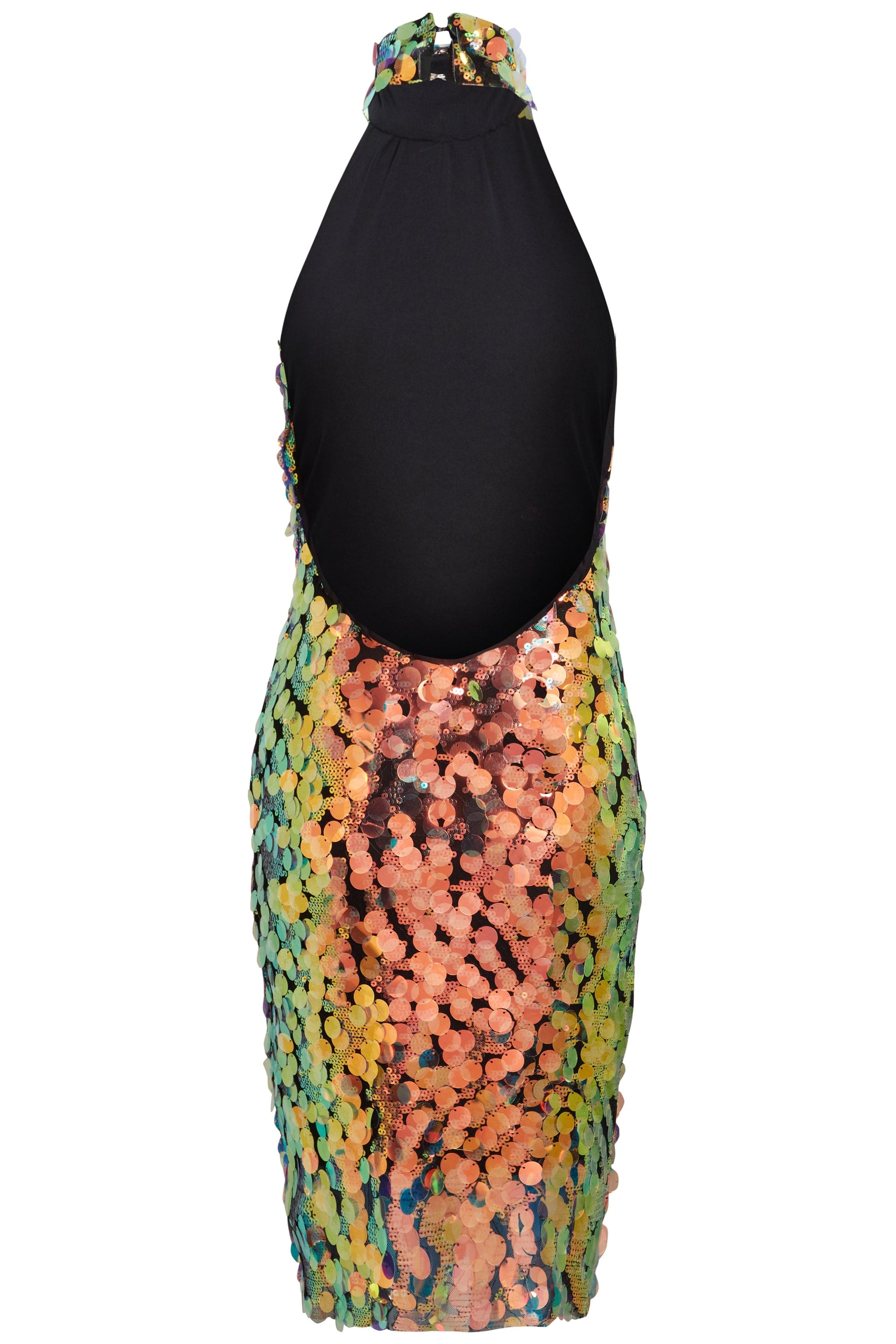 Nova Sequin Mini Dress featuring a backless design, high neckline, and metallic sequins in black, gold, coral, and pink colors.