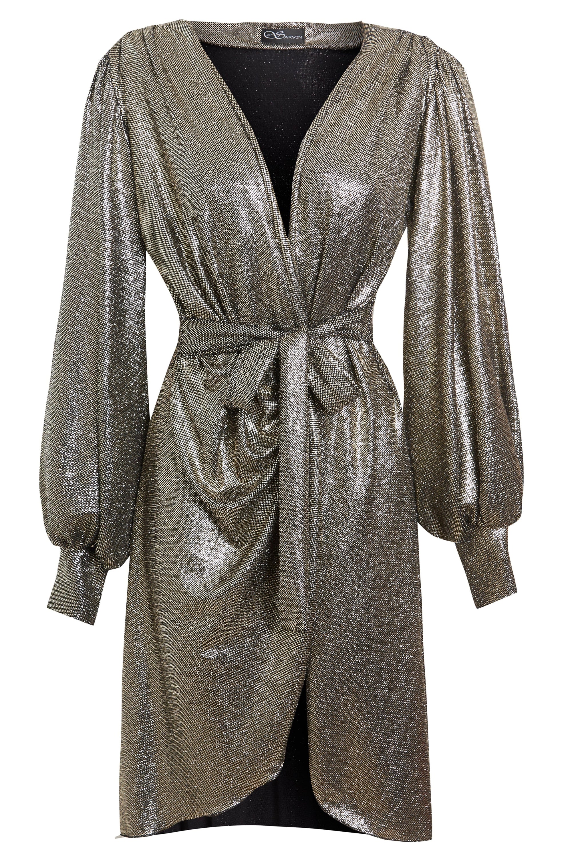 A glamorous mid-length sequin wrap dress in a high-shine golden hue, featuring a plunging neckline and gathered puffed sleeves.