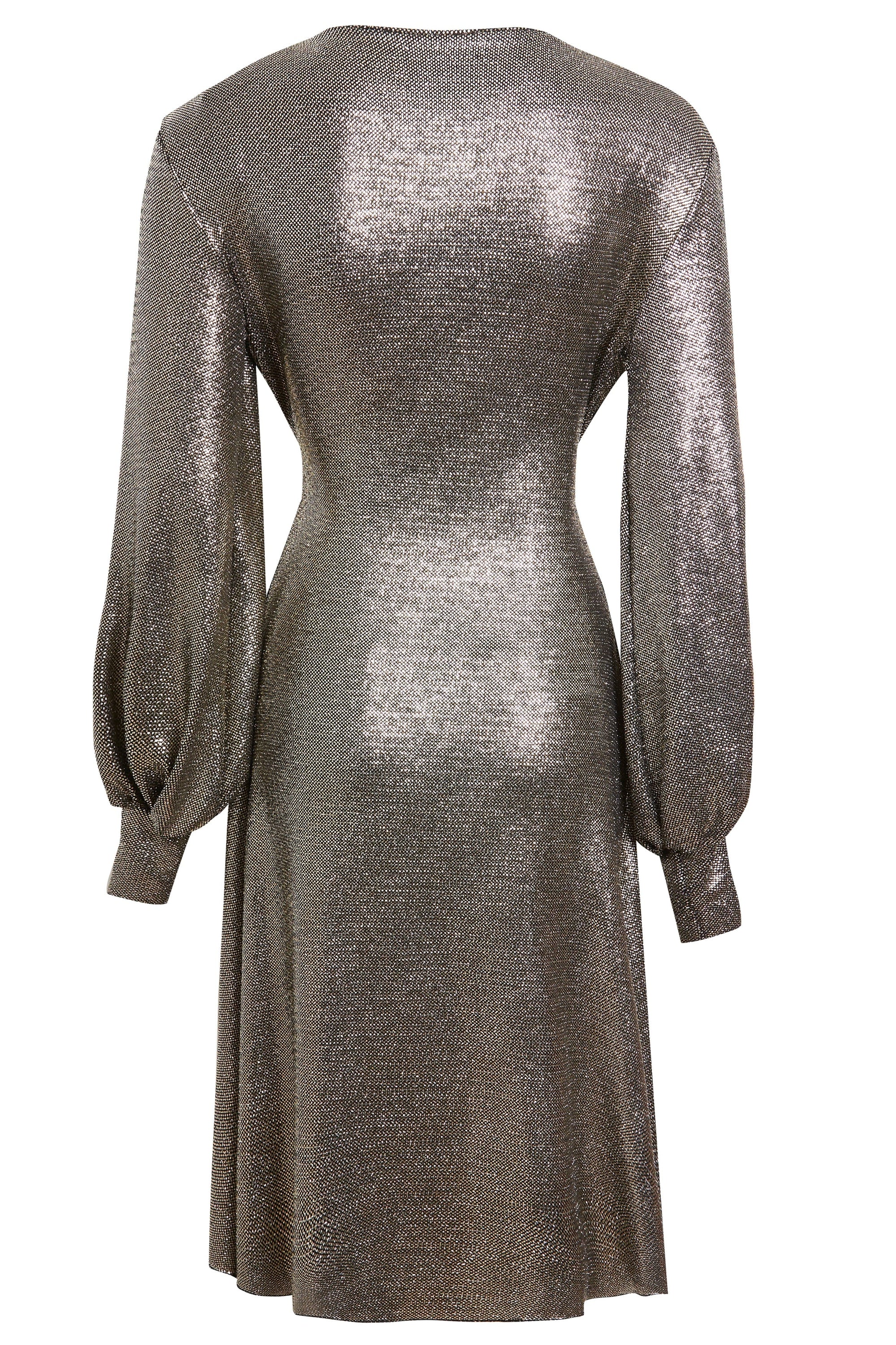 A glamorous mid-length sequin wrap dress in a high-shine golden hue, featuring a plunging neckline and gathered puffed sleeves.