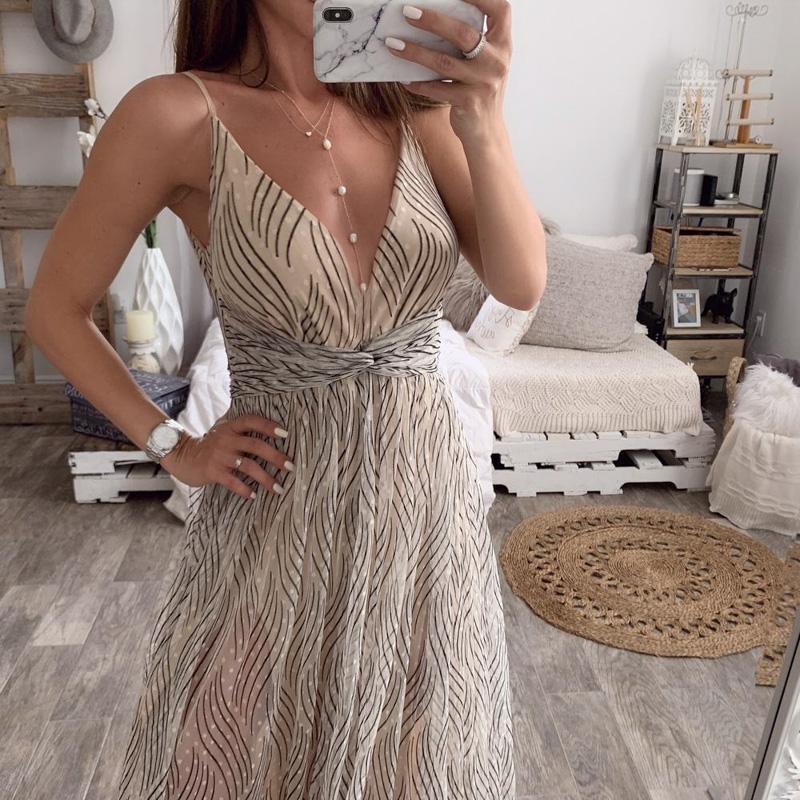 Elegant sexy v-neck spaghetti strap women party dress with a striped pattern, perfect for summer events.