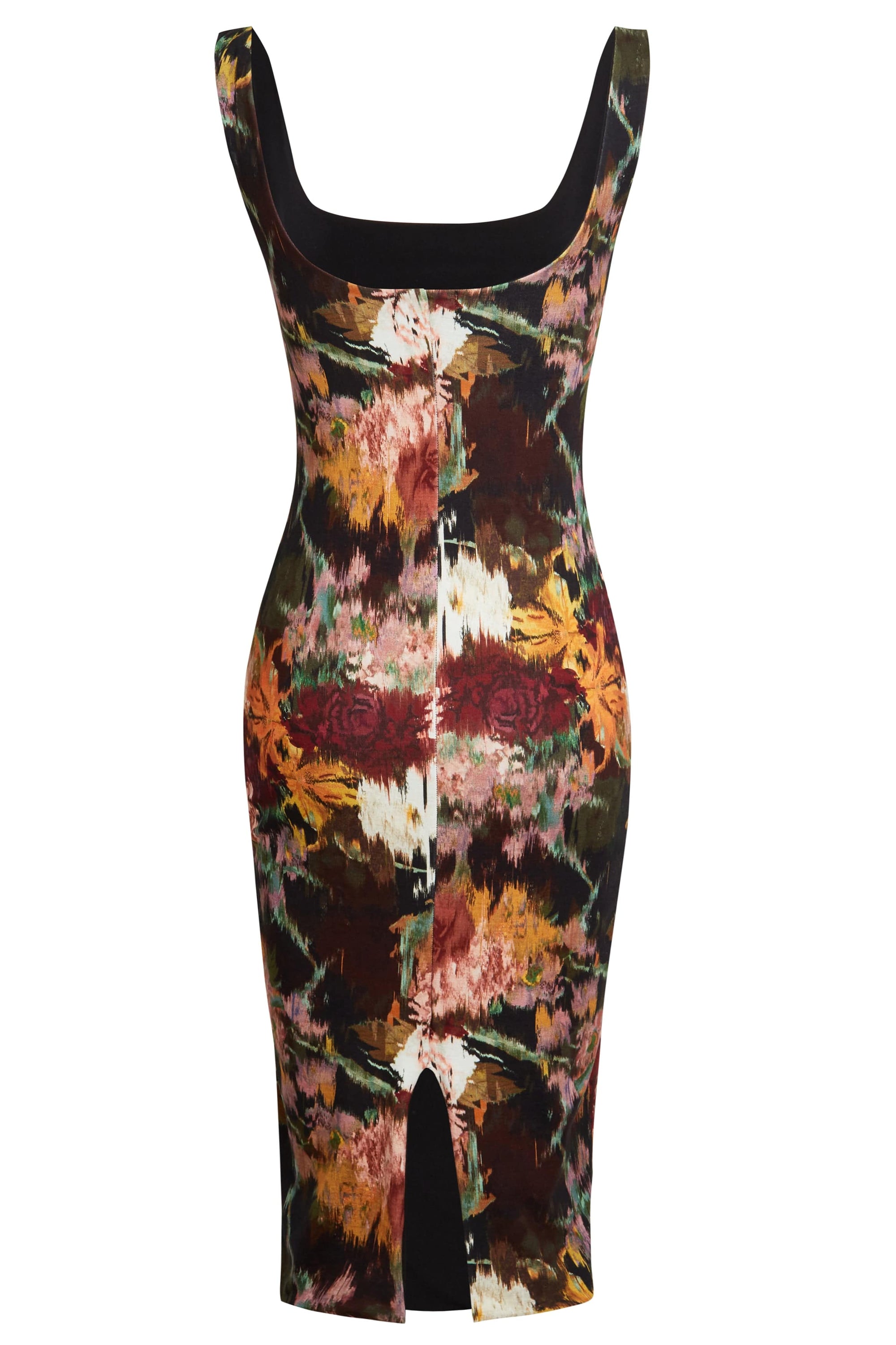 A stylish sleeveless floral bodycon dress featuring a fitted silhouette and dark floral print in shades of black, burgundy, and cream.