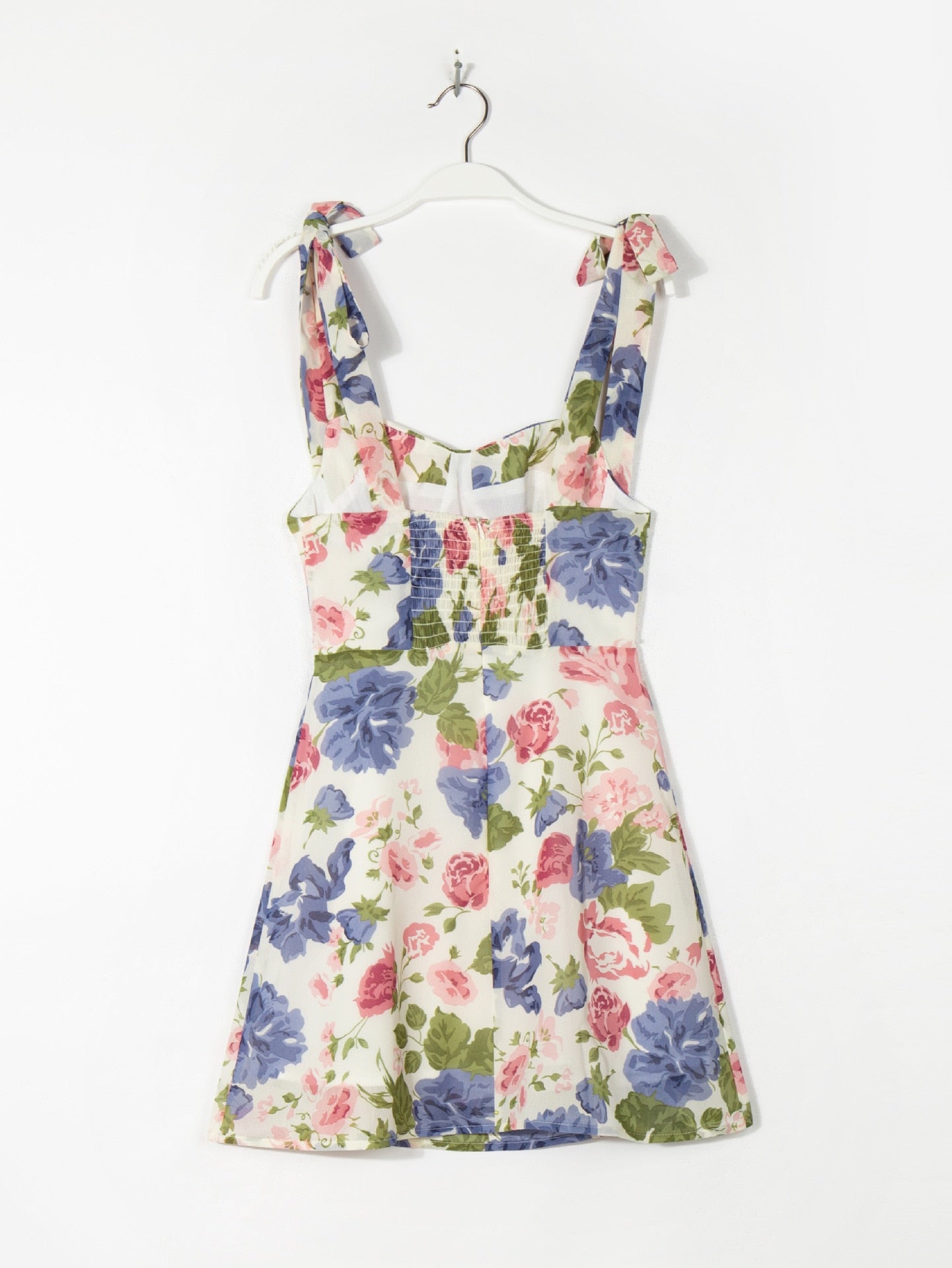 Sling Tie Flower Print Square Neck A-line Skirt Dress in beige, showcasing floral patterns and a stylish silhouette.