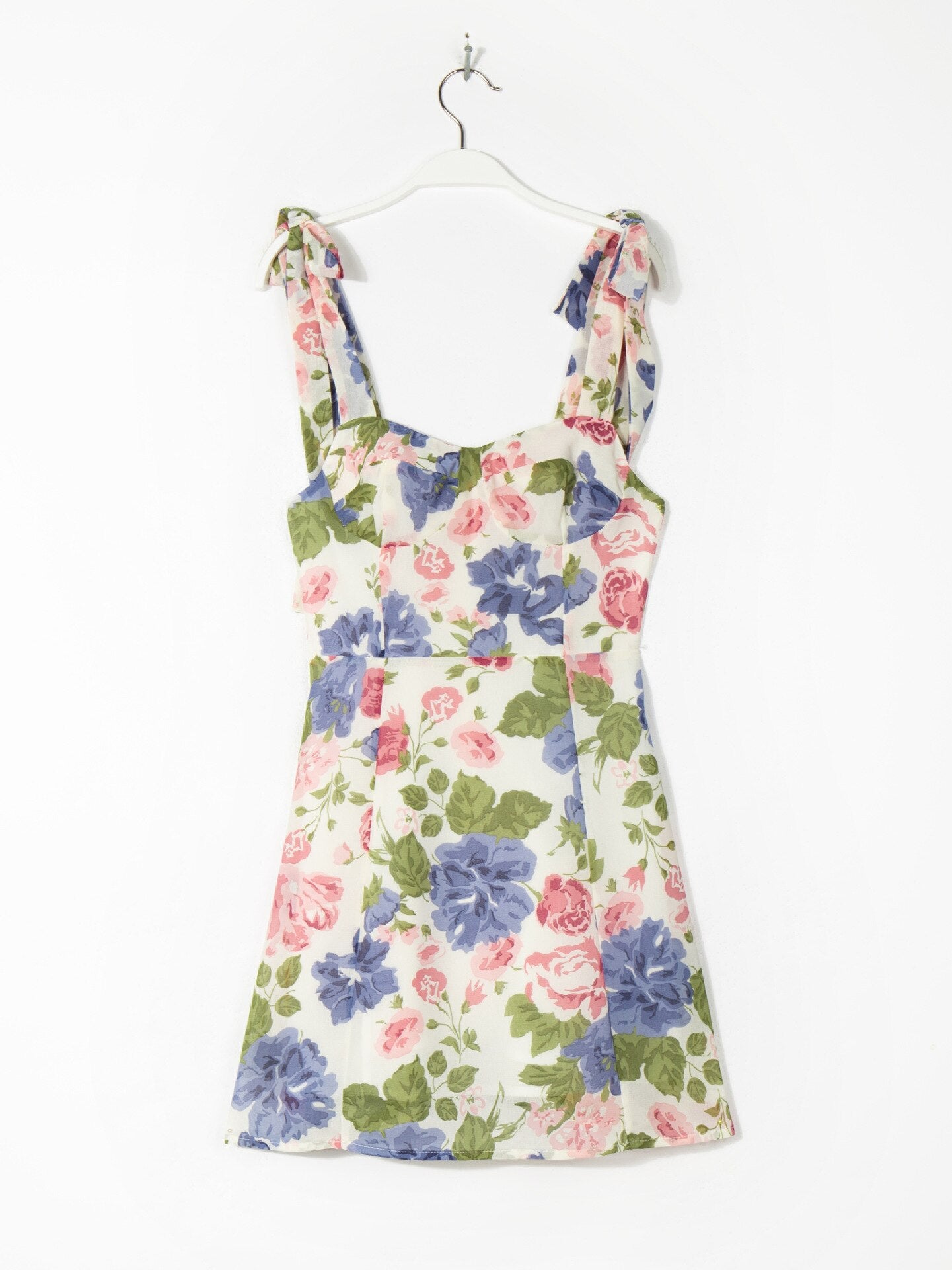 Sling Tie Flower Print Square Neck A-line Skirt Dress in beige, showcasing floral patterns and a stylish silhouette.