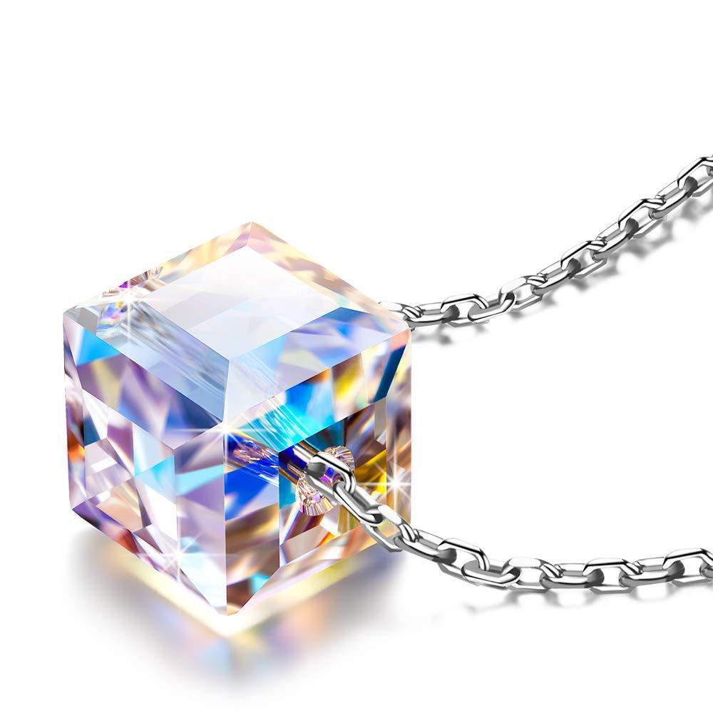 Sterling Silver Aurora Borealis Cubed Life Necklace featuring Swarovski crystals, elegantly displayed with a shiny cube pendant.